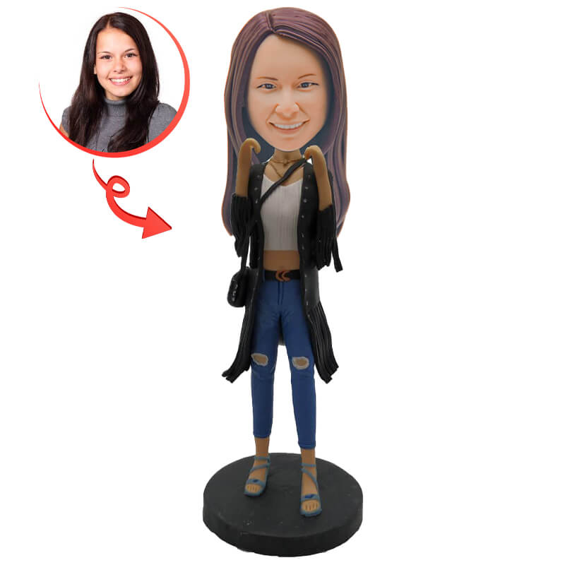 Custom Bobblehead of Lady in Jeans & Black Coat - Personalized Figurine for Gifts, Office Decor, or Collectibles