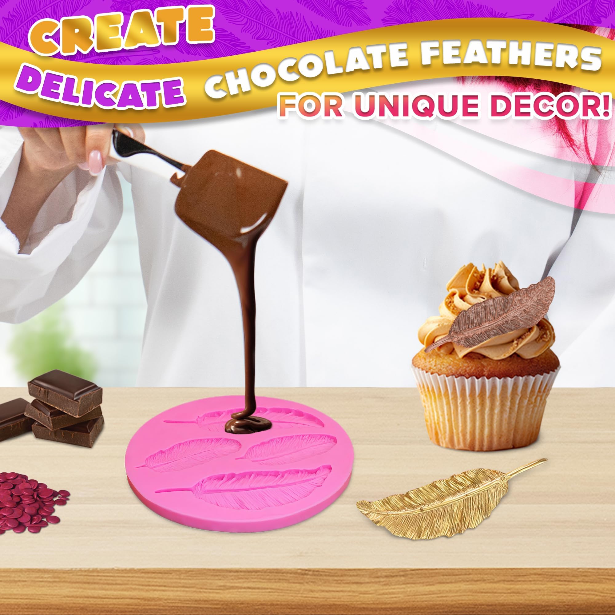 Pink Silicone Feather Candy Molds for Soap Making, Clay Crafts, Fondant, Chocolate & Cake Decorating - Perfect for DIY Projects, Party Favors & Home Baking