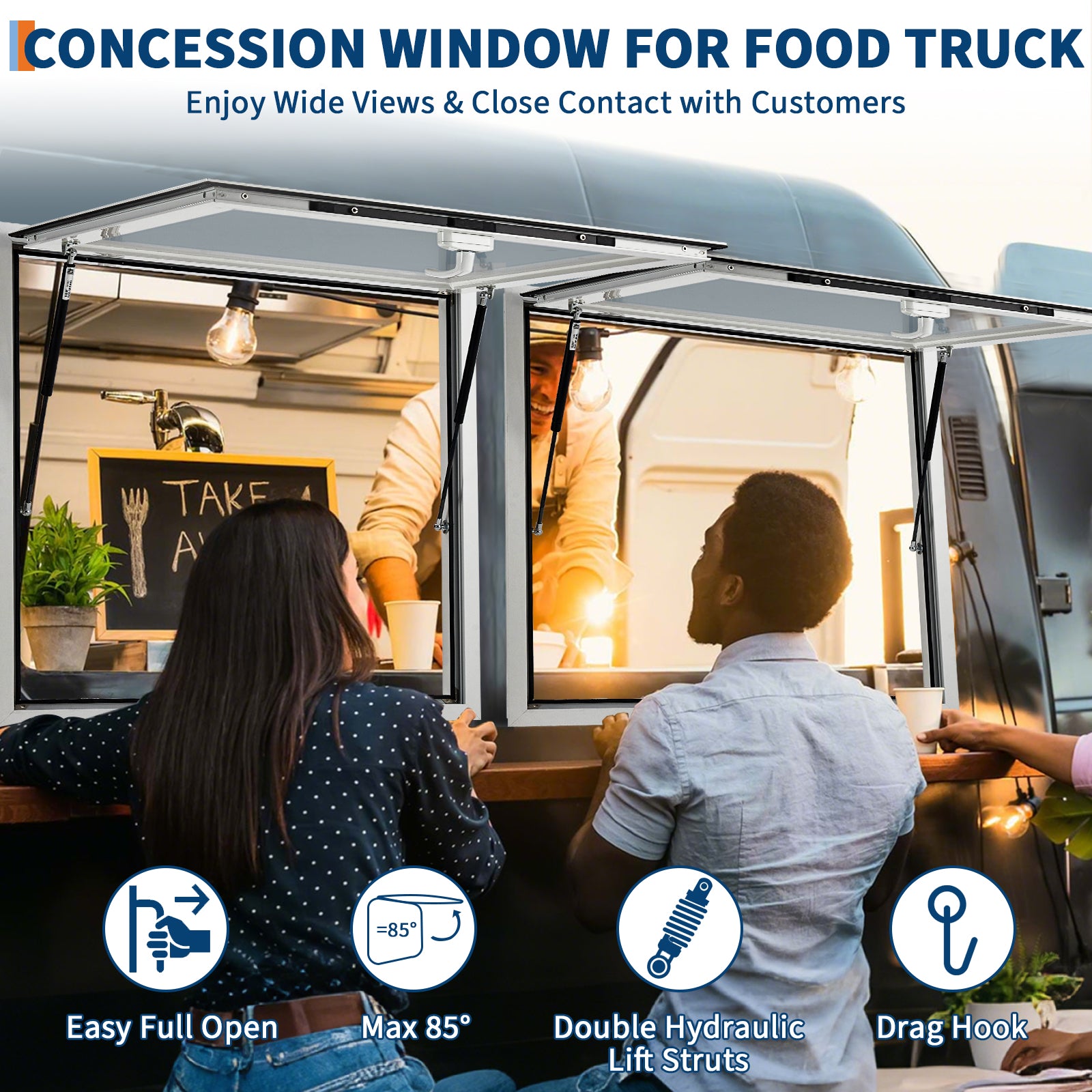 GARVEE 36x24 Inch Heavy Duty Aluminum Concession Window for Food Trucks & Stands - 85° Weatherproof Awning Door with Dual Point Lock (Glass Not Included) - Perfect for Outdoor Food Service, Ice Cream Shops & Mobile Vending Businesses