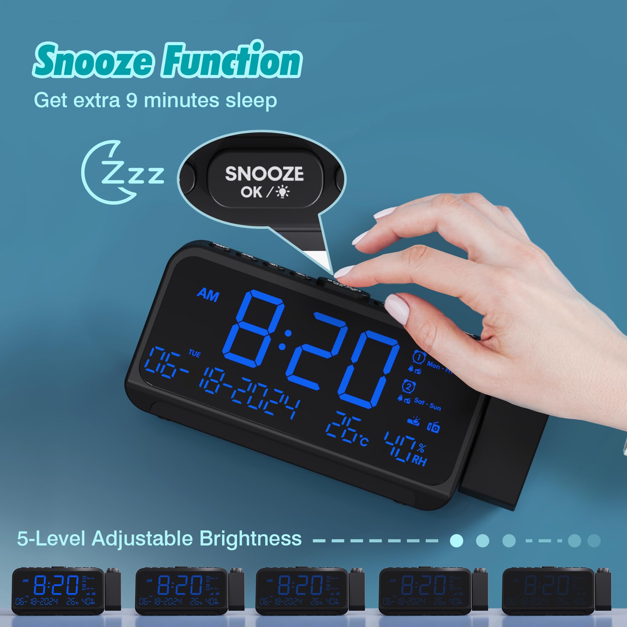 LED Projection Alarm Clock with FM Radio, Digital Clock with Dual Alarm, Adjustable Night Light, Temperature & Humidity Display, 5-Level Dimmer & USB-C Charging - Perfect for Bedroom, Office, and Travel Use