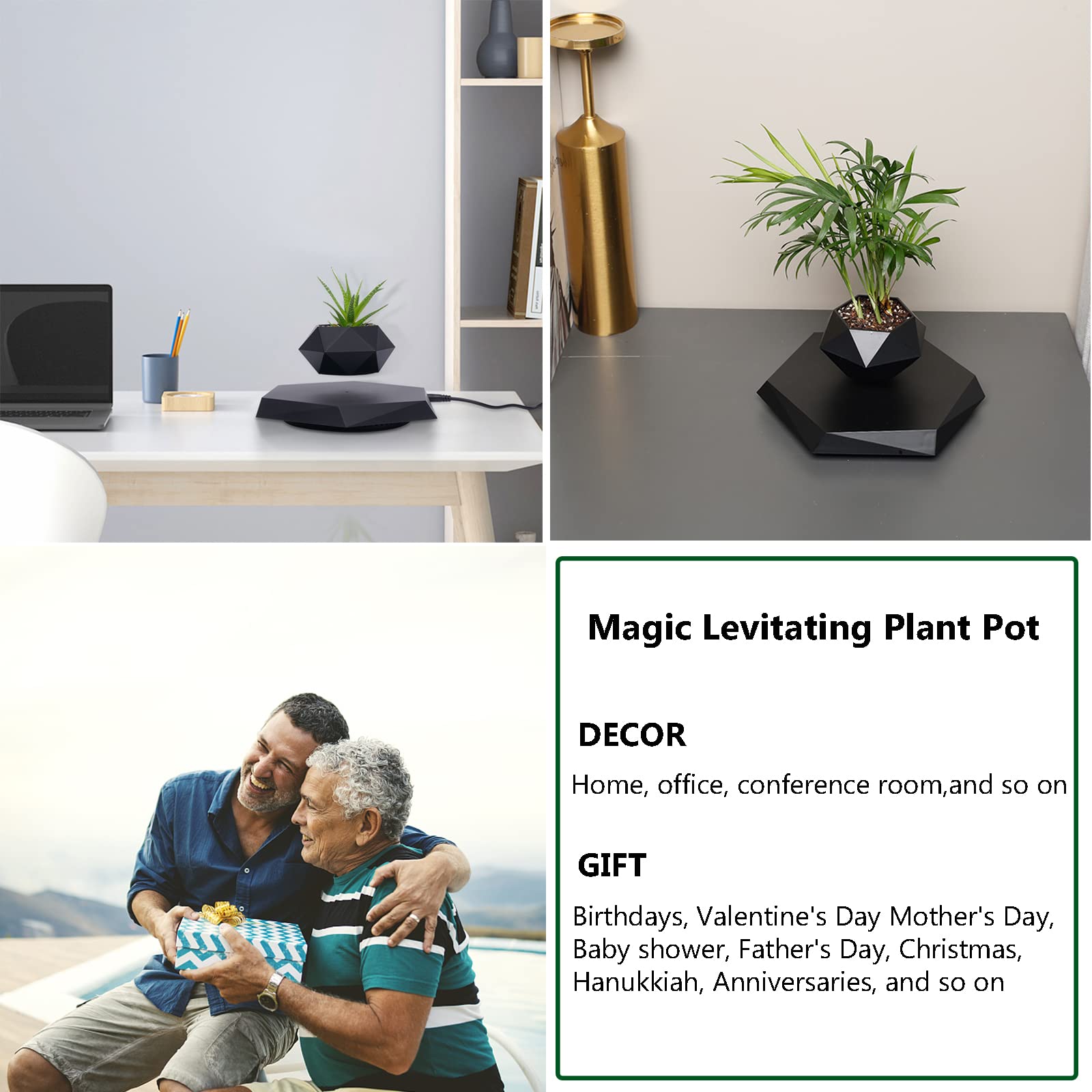 Magnetic Levitating Plant Pot for Air Plants - Floating Rotating Bonsai Planter for Office & Home Decor, Black | Perfect for Desk, Living Room & Gift Ideas