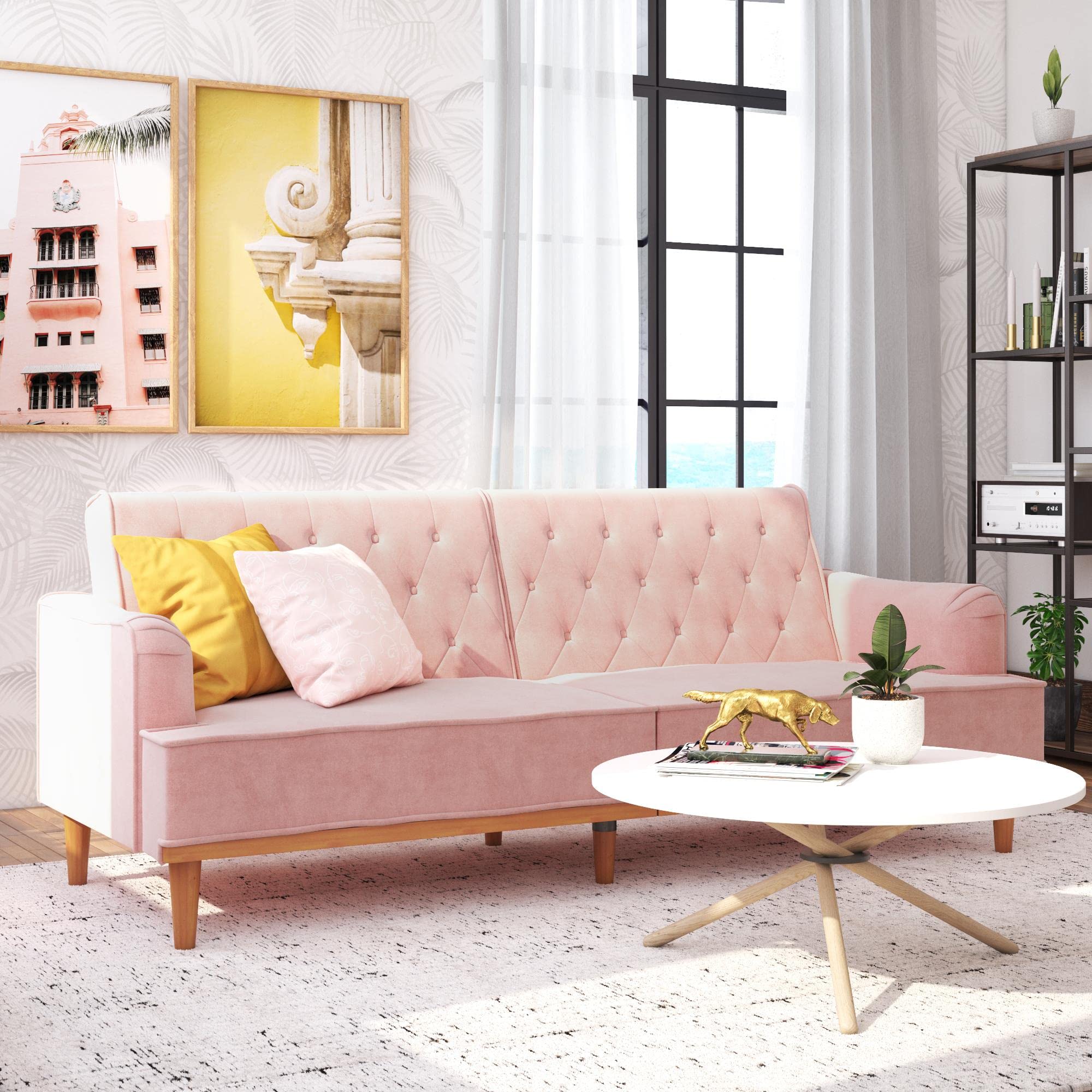 Mr. Kate Stella 80 Inch Velvet Futon Sofa Bed - Modern Upholstered Convertible Sleeper with Button Tufted Back & Wood Trim, Pink | Perfect for Small Apartments, Guest Rooms & Cozy Living Spaces