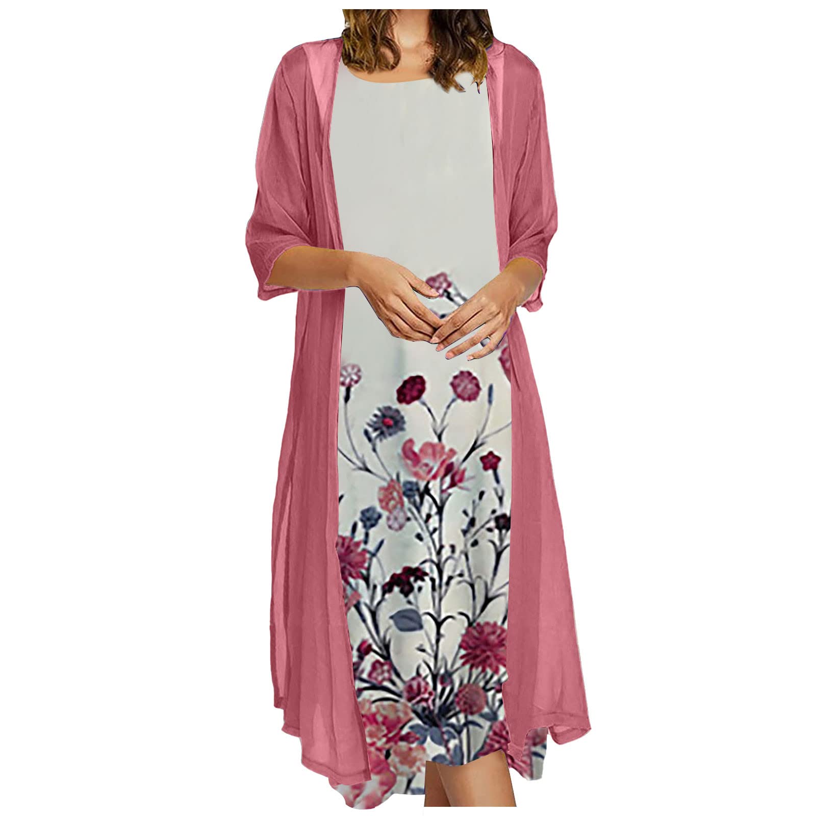 **Women's Plus Size Summer Casual Floral Print Two-Piece Sundress Set with O-Neck Top & Skirt - Perfect for Beach Vacations, Picnics, and Summer Outings**