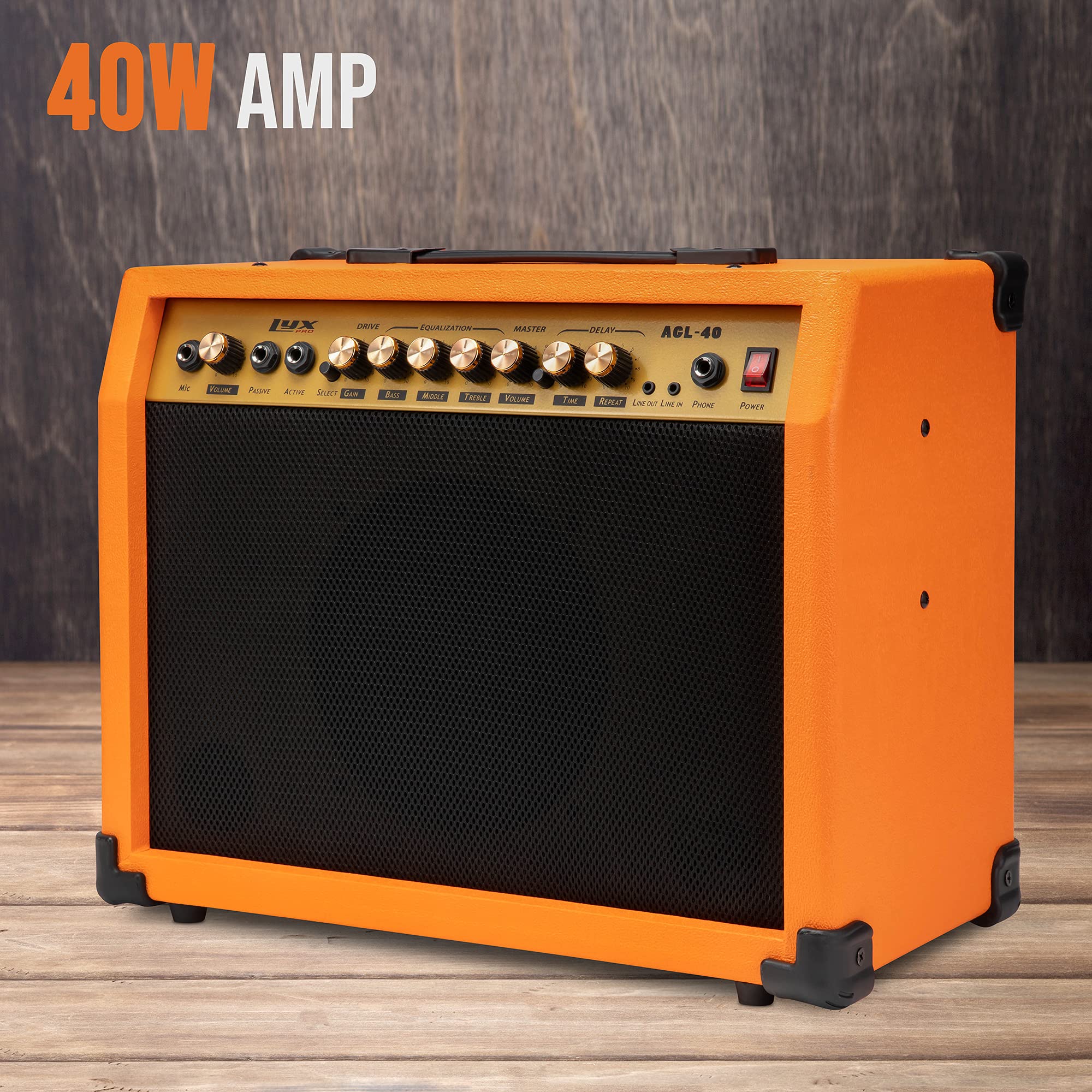 LyxPro 40 Watt Electric Guitar Amplifier | Solid State Studio Amp with 8” 4-Ohm Speaker, Custom EQ Controls, Drive, Delay, ¼” Passive/Active/Microphone Inputs, Aux in & Headphone Jack - Sunburst | Perfect for Home Practice, Studio Recording & Live Performances