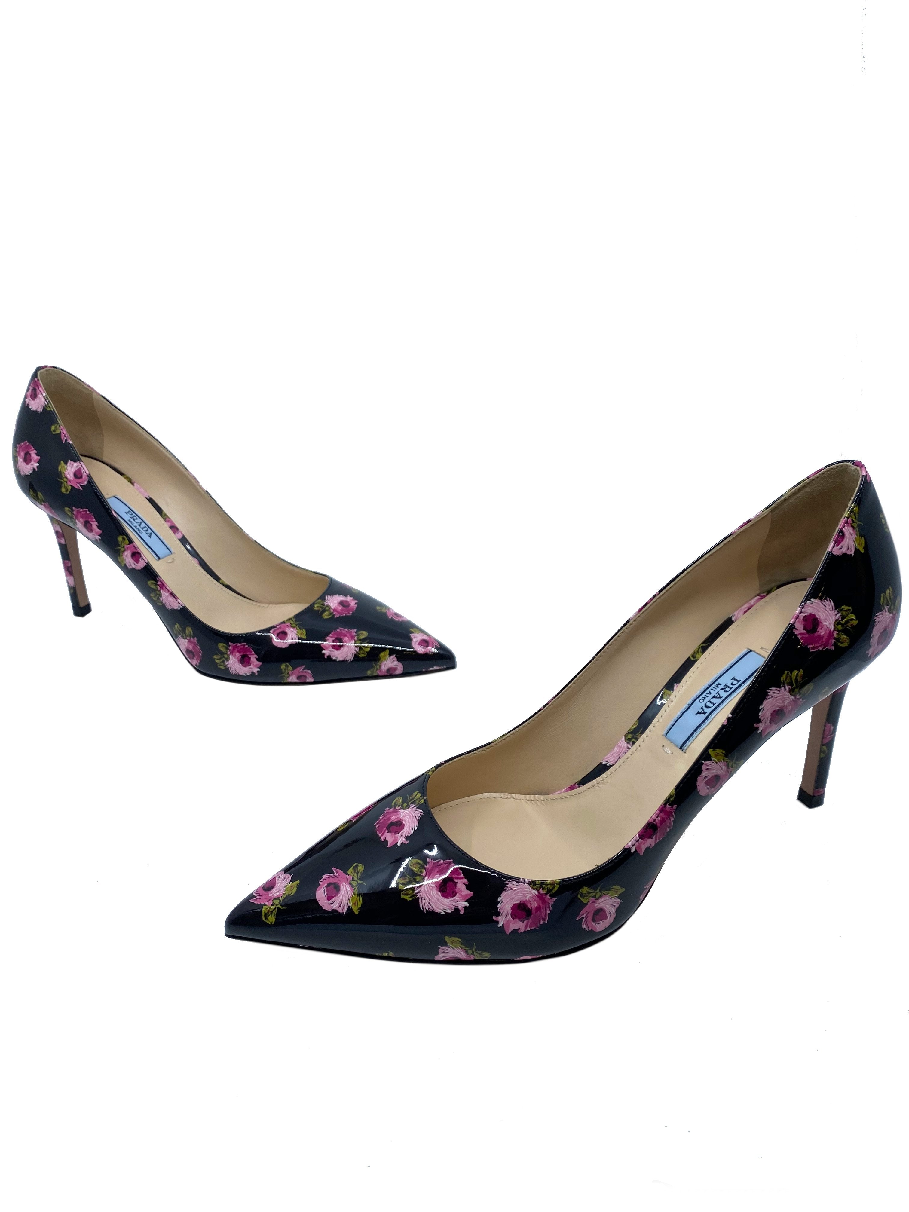 Prada Floral Print Patent Leather Pumps Women's Size 7 - New Designer High Heels for Wedding, Party & Special Occasions