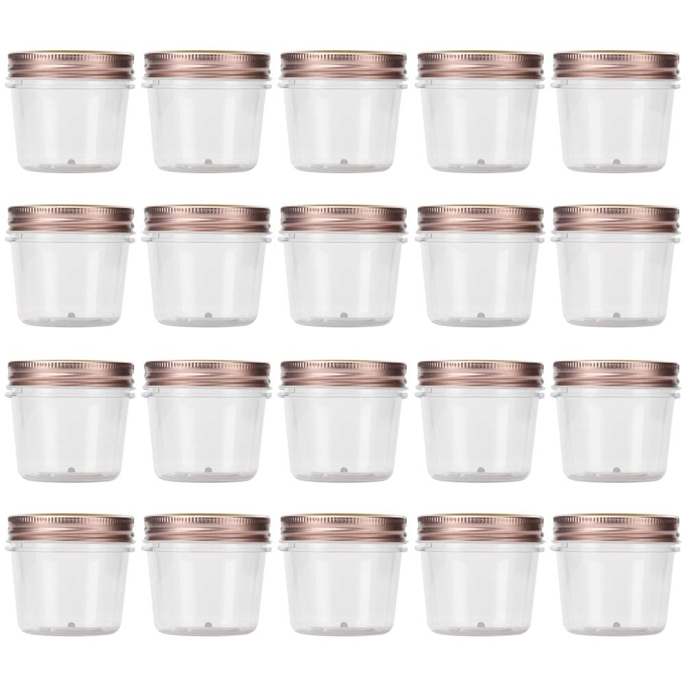 Novelinks 4oz Clear Plastic Jars with Rose Gold Lids - 20 Pack BPA-Free Refillable Round Containers for Spices, Cosmetics, Crafts & Home Organization - Perfect for Kitchen, Bathroom & Office Storage