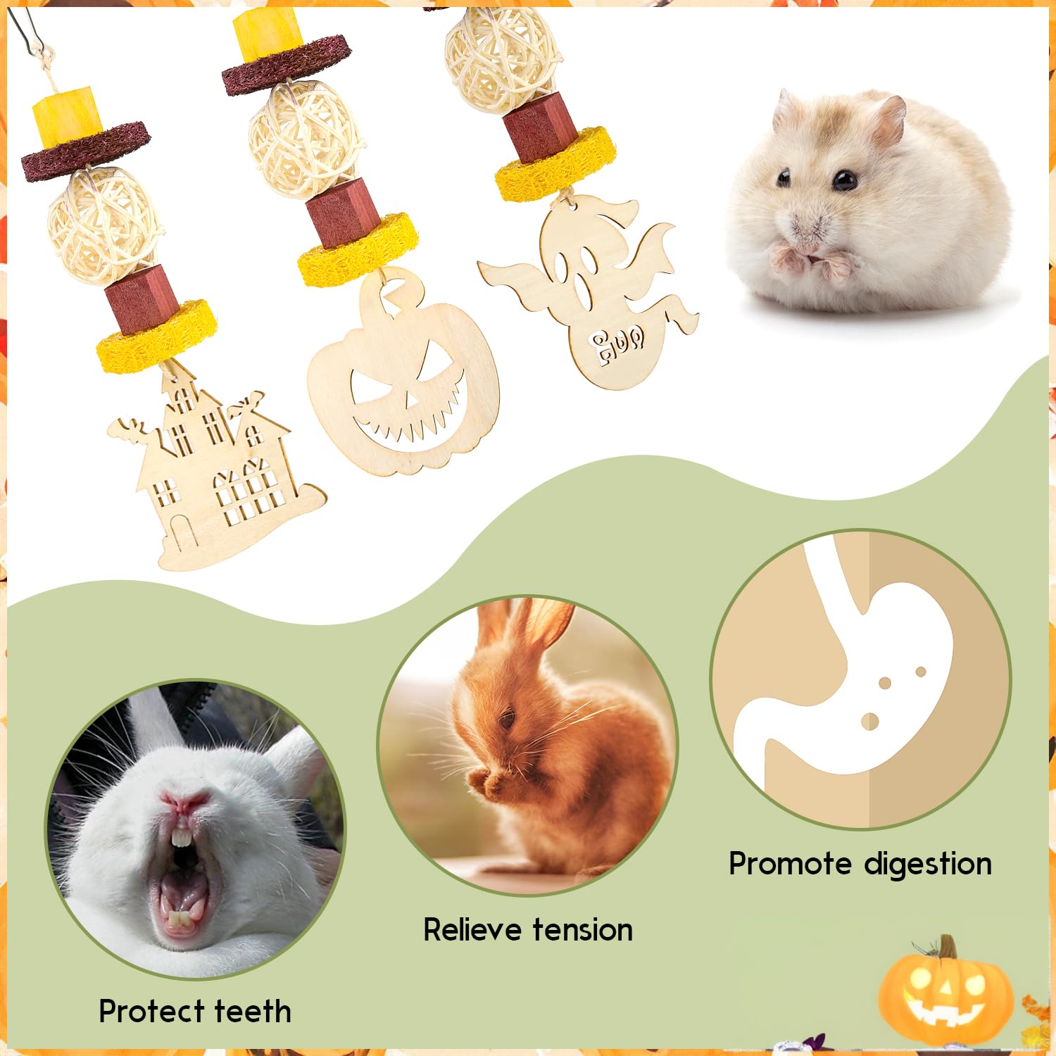 Halloween Guinea Pig Chew Toys - 3 Pack Wooden Rabbit Hamster Treats for Chinchillas, Rats & Small Pets - Hanging Cage Accessories for Teeth Care & Enrichment - Perfect Halloween Decor & Gifts for Bunny, Rodent Owners