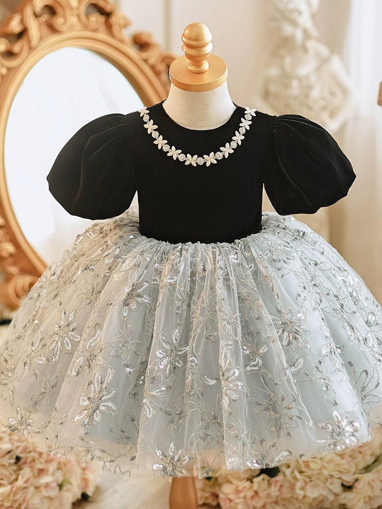 Black Princess Round Tea Length Lace Flower Girl Dress for Weddings, Birthday Parties & Special Occasions