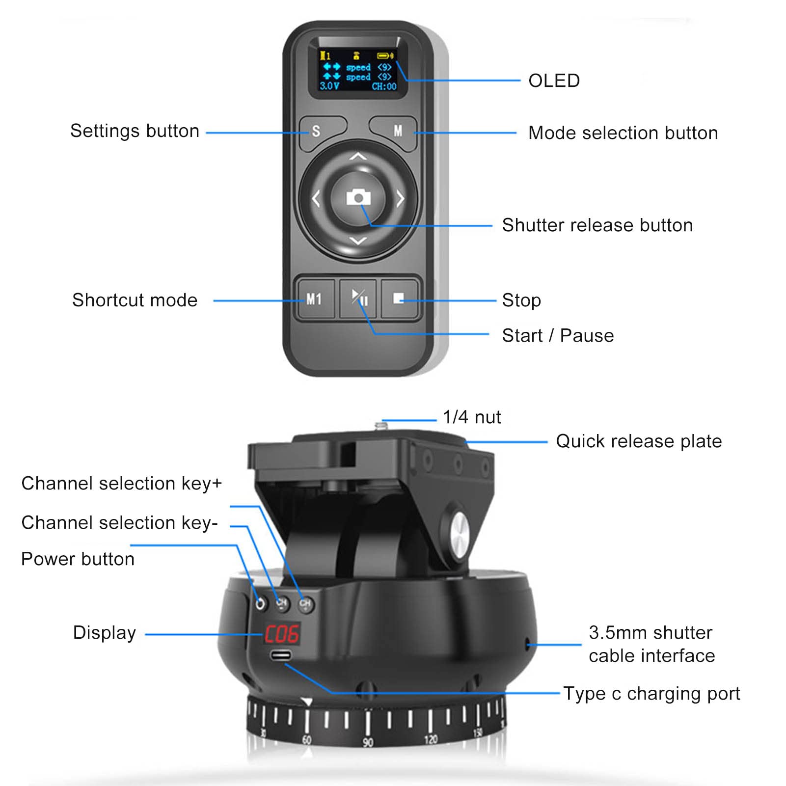 Yctze Motorized Panoramic Tripod Head - 360° Rotating 2.4G Wireless Remote Pan Tilt Head with Remote Control & Phone Clip for DSLR, Mirrorless Cameras & Smartphones - Perfect for Time-Lapse Photography, Vlogging & Live Streaming