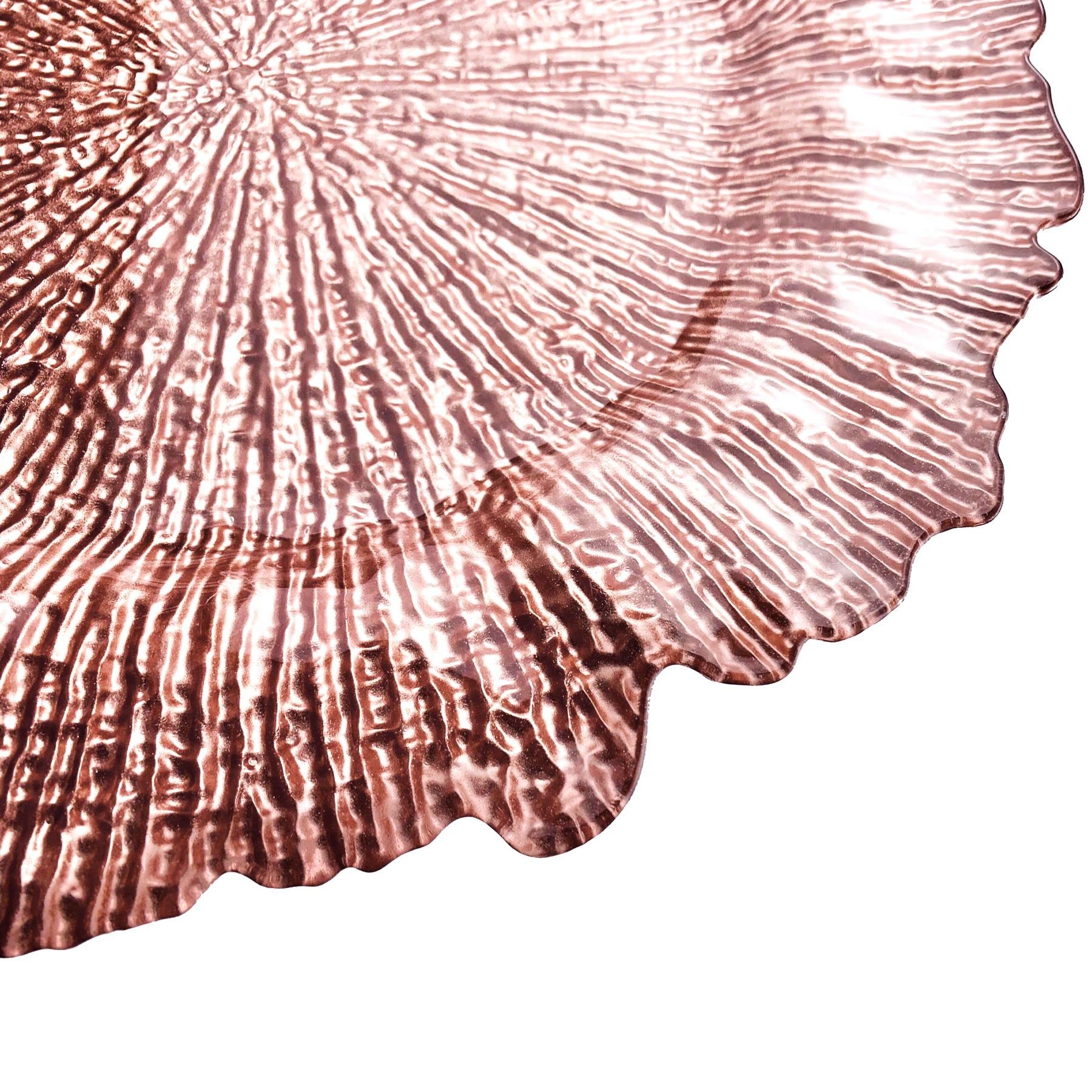 Aniel's 13-Inch Rose Gold Acrylic Charger Plates Set of 6 - Elegant Plastic Round Dinner Plates for Wedding, Party & Holiday Table Decor - Premium Surface Reef Design for Formal Dining & Special Occasions
