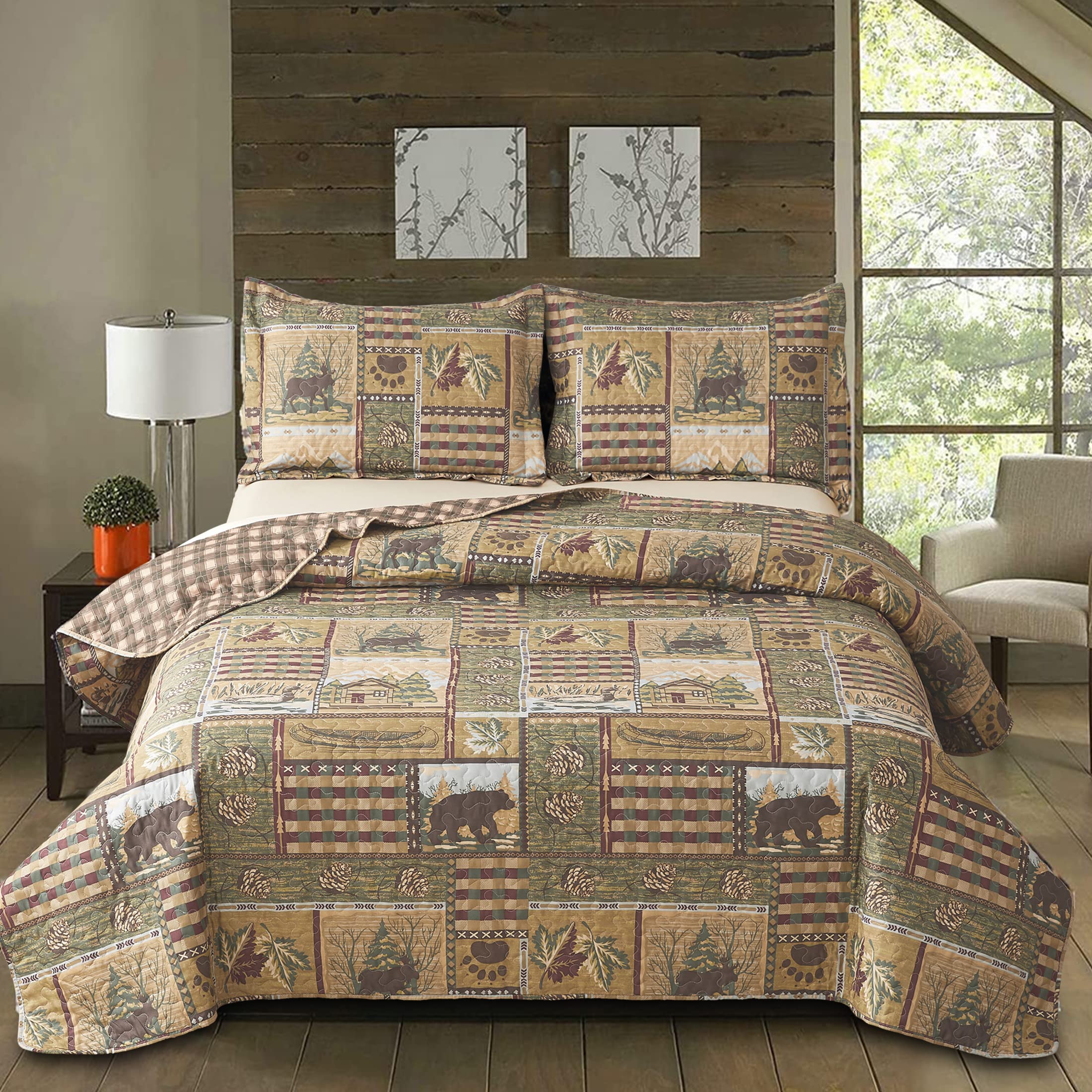 ARL HOME King Size Reversible Quilt Set - Rustic Lodge Bedding with Plaid Patchwork & Forest Animal Design (Moose/Bear) - Lightweight Cabin Quilt for Bedspread or Throw - Perfect for Cozy Cabins, Rustic Bedrooms & Country Home Decor
