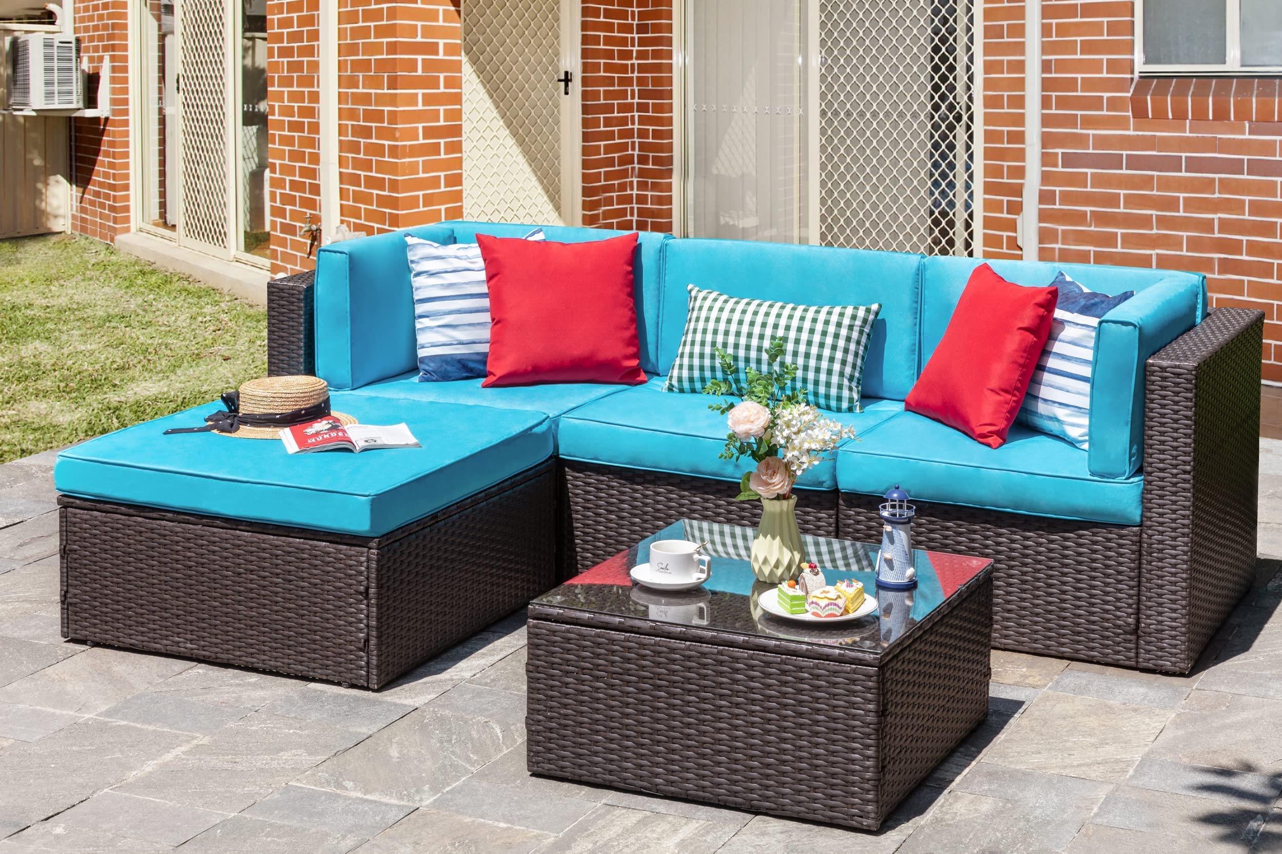 5-Piece All-Weather Brown PE Wicker Outdoor Patio Furniture Set - Sofa Sectional with Ottoman, Glass Coffee Table - Perfect for Garden, Backyard, Poolside & Small Balcony Conversations