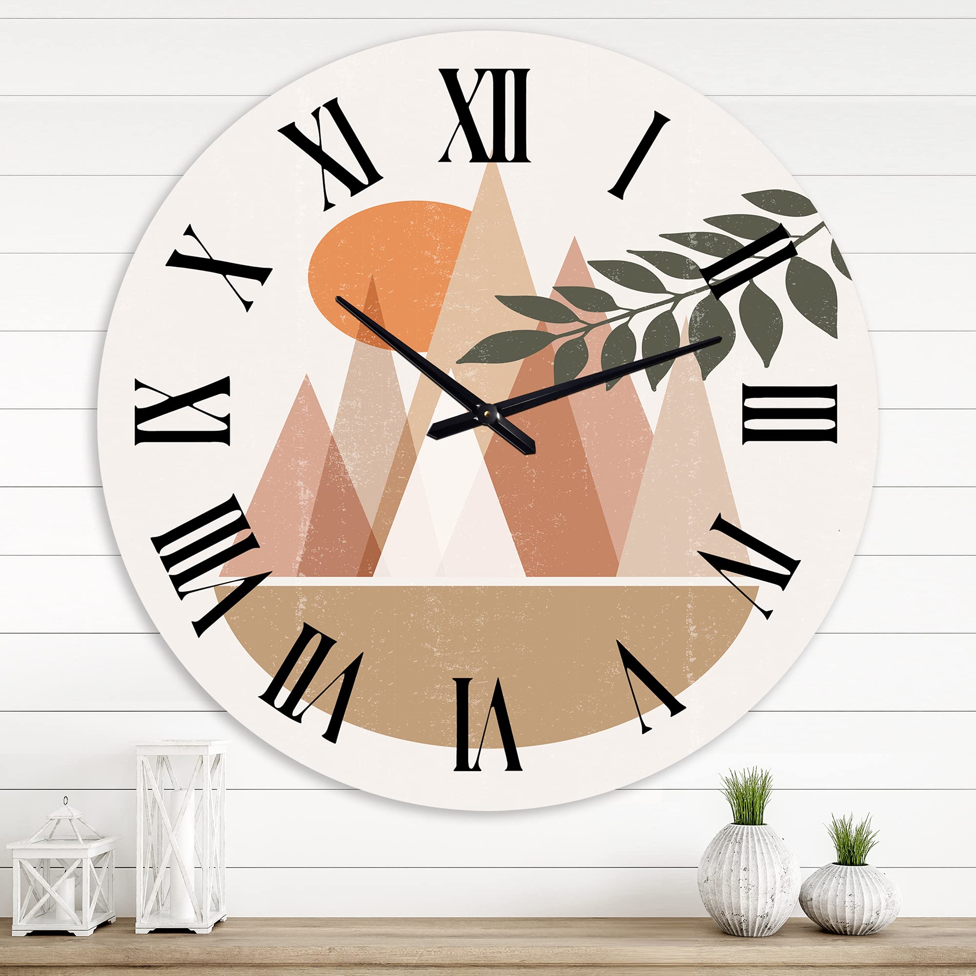 Abstract Sun and Moon in Mountains II - Modern Large Wall Clock for Living Room & Bedroom Decor | Floral Botanical Design | Home Office Wall Art