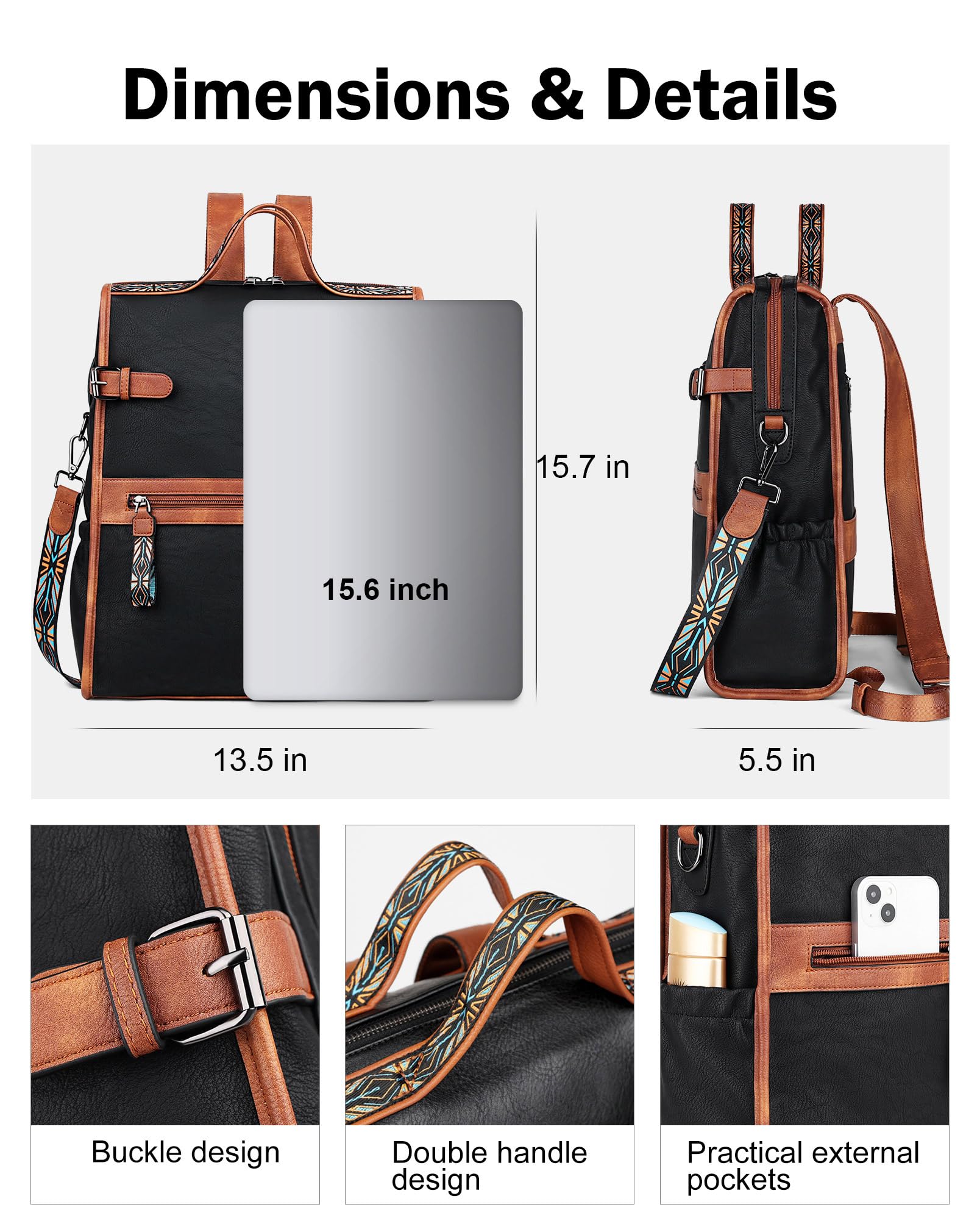 FADEON Genuine Leather Laptop Backpack for Women - Stylish Work & Travel Computer Bag with Padded Laptop Compartment (15.6 Inch) - Black & Brown - Perfect for Business, Commuting & College Use