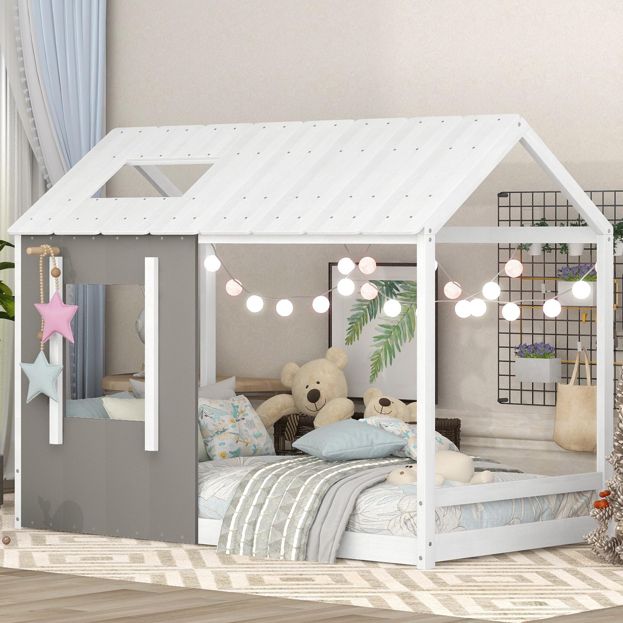 Montessori Twin Size Floor Bed Frame for Kids - Wooden House Design with Headboard, Roof & Window - Grey & Antique White - Perfect for Toddler Rooms, Daycare Centers & Montessori Classrooms