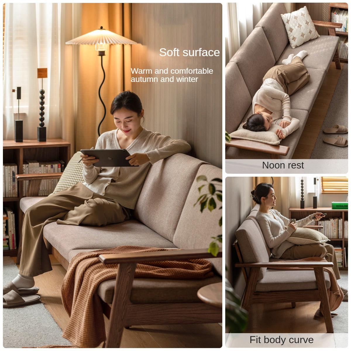 Solid Oak Wood Straight Sofa - 4 Fabric Color Options for Living Room, Office & Lounge Areas