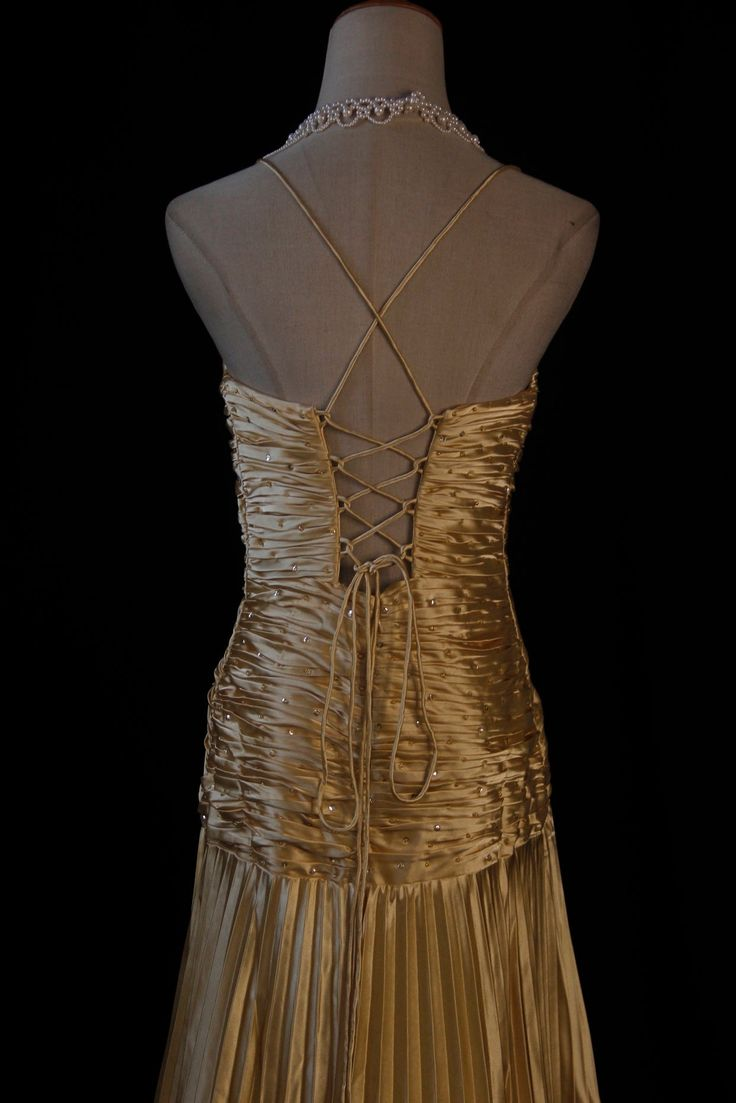 Elegant Gold A-Line Spaghetti Strap Satin Long Prom Dress with V-Neck & Pleated Details - Perfect for Evening Gowns, Formal Dances, Weddings & Special Occasions