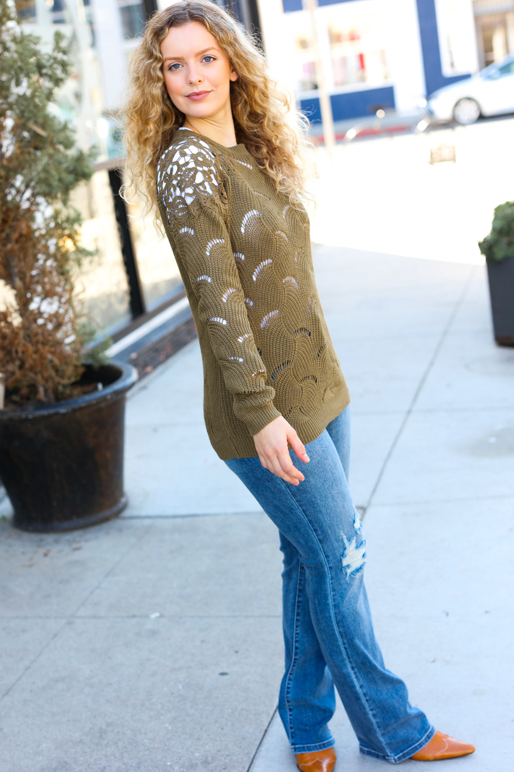 Stylish Olive Green Pointelle Lace Knit Sweater for Women - Trendy Casual Pullover with Shoulder Details - Perfect for Fall Outfits, Date Nights & Office Wear