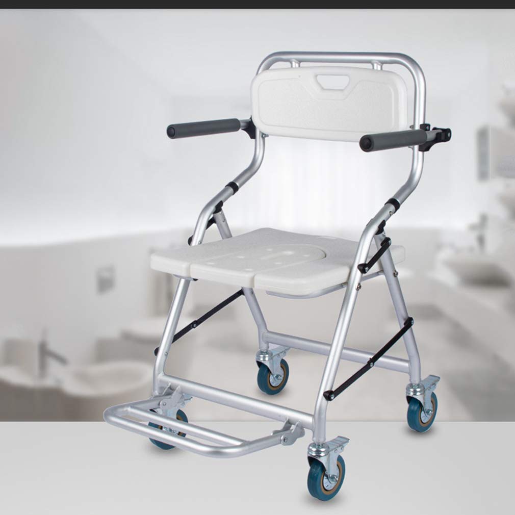 Foldable Mobile Shower Chair with 4-Wheel Brakes (360°) - Adjustable Height 46cm & Width 41cm - Wheelchair & Toilet Chair with Backrest for Elderly & Disabled - Safe Bathroom & Home Care Solution
