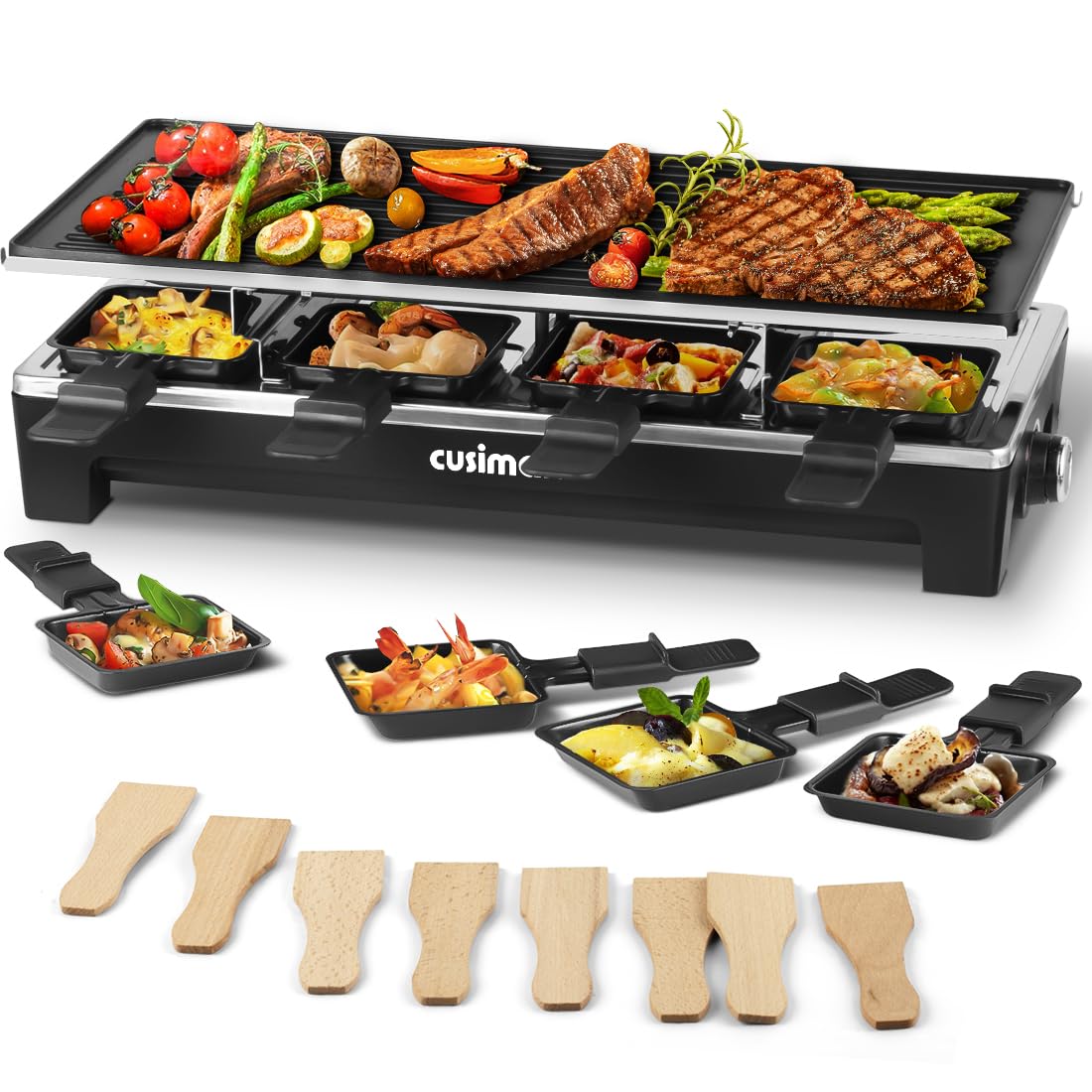 **CUSIMAX Electric Raclette Grill - 2-in-1 Non-Stick Indoor Grill & Korean BBQ with Adjustable Temperature, 8 Raclette Pans & Wooden Spatulas - Perfect for Family Dinners, Parties & Fondue Nights**