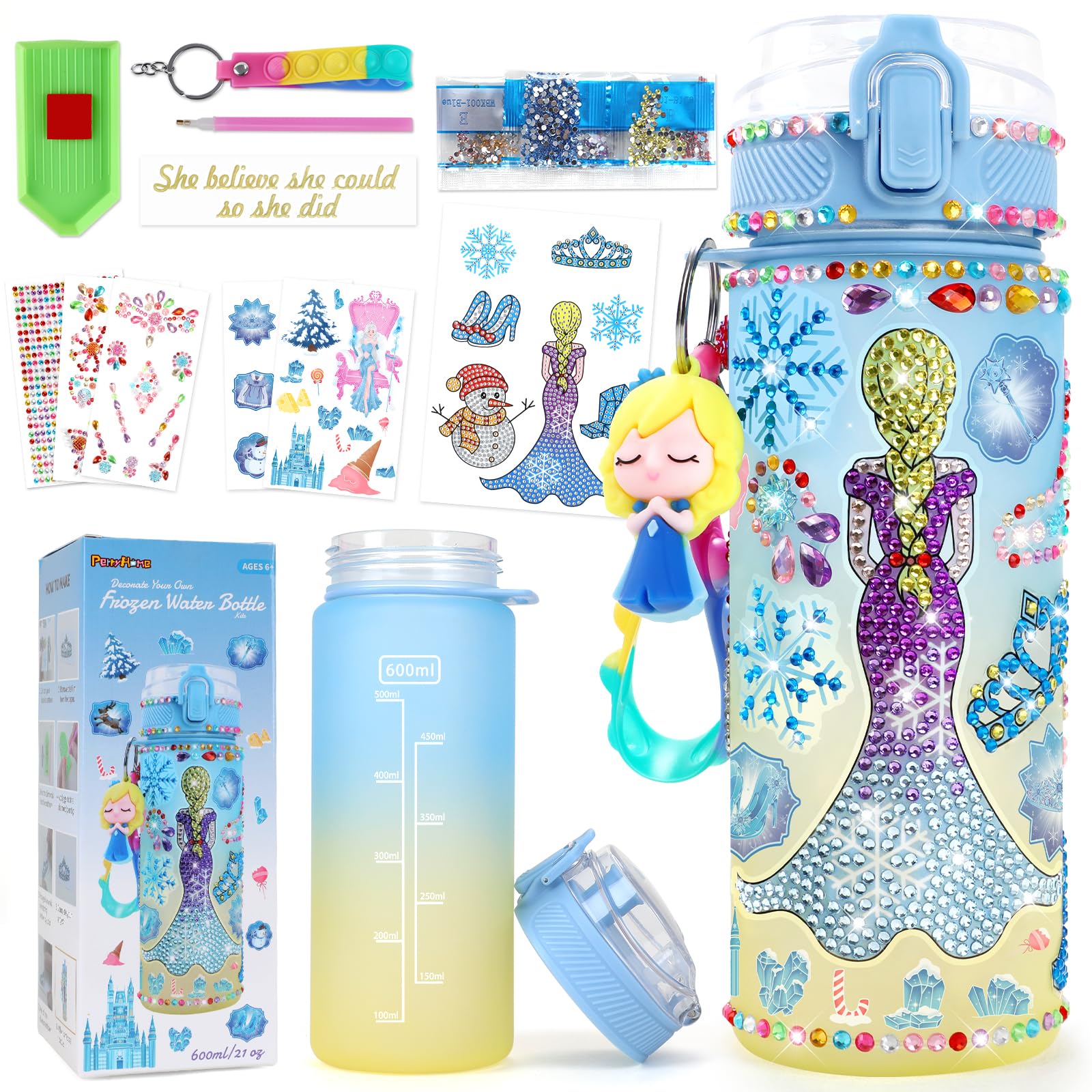 PERRYHOME DIY Frozen Water Bottle Decorating Kit for Girls Ages 4-10 - Creative Painting Craft Set with Frozen Toys - Fun Art Activity Gift for 6-12 Year Old Girls - Perfect for Birthday, Christmas & Summer Camp Crafts
