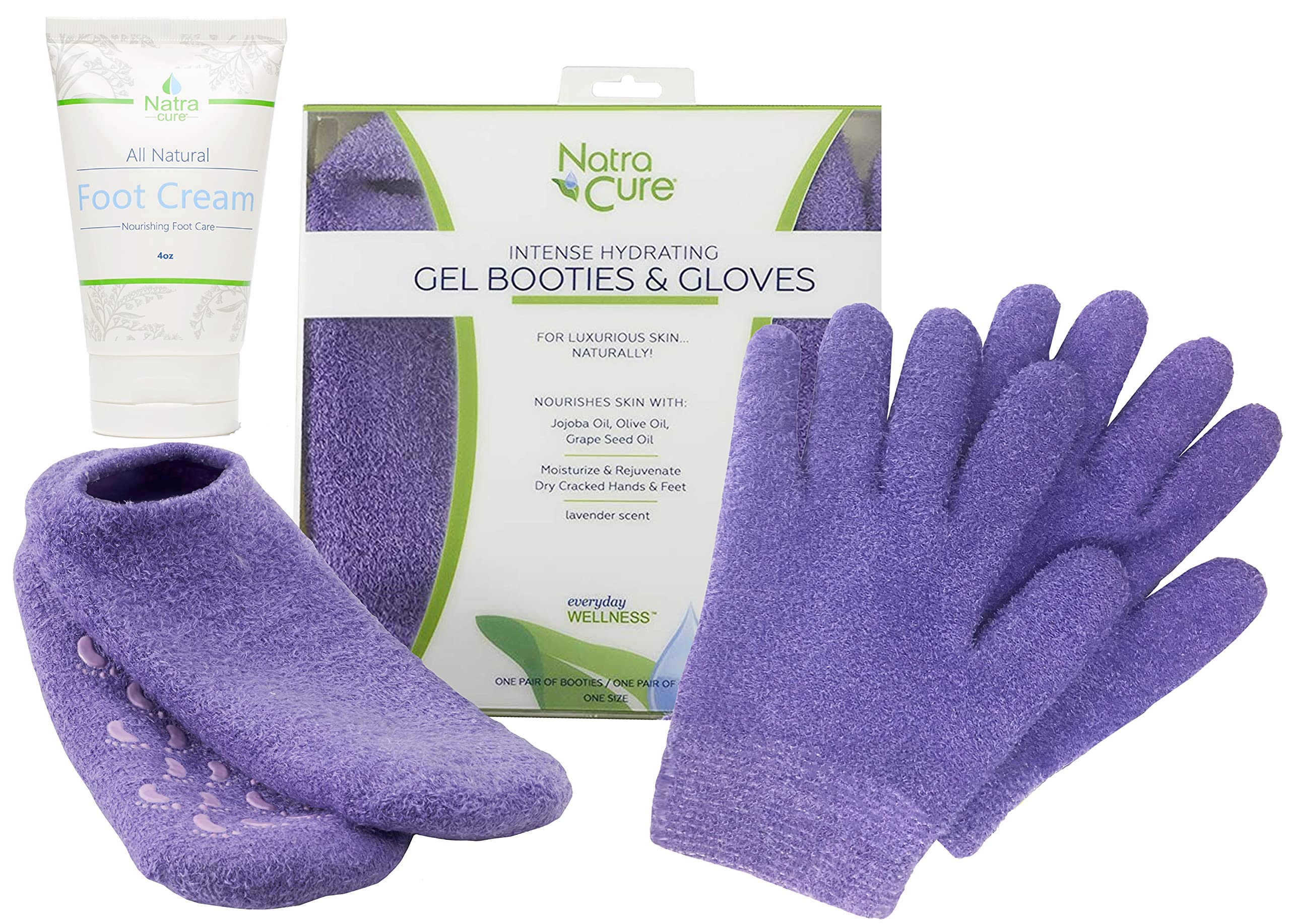 NatraCure Moisturizing Gel Gloves & Socks Gift Set with Foot Cream & Lotion - Lavender Color | Deep Hydration for Dry Hands & Feet | Perfect for Spa Night, Winter Care & Relaxation at Home