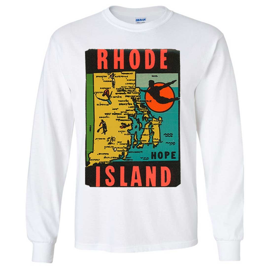 Vintage Rhode Island State Sticker Long Sleeve Shirt - Retro Graphic Tee for Men & Women - Perfect for Casual Wear, Road Trips, and State Pride