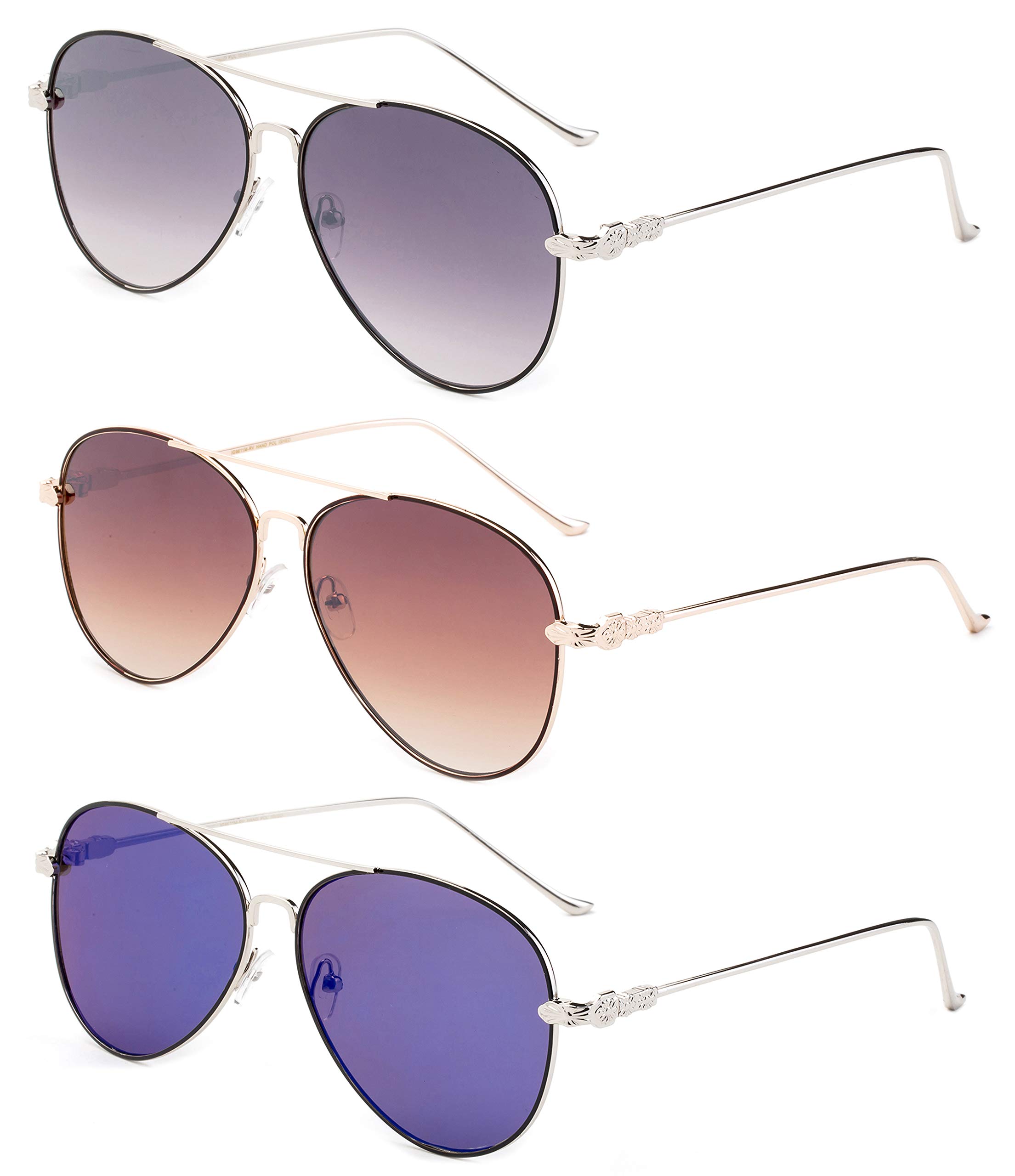 Newbee Fashion 3 Pack Metal Rim Aviator Sunglasses for Men & Women - UV400 Protection Flat Lens, Full Metal Frame - Perfect for Driving, Beach & Outdoor Activities