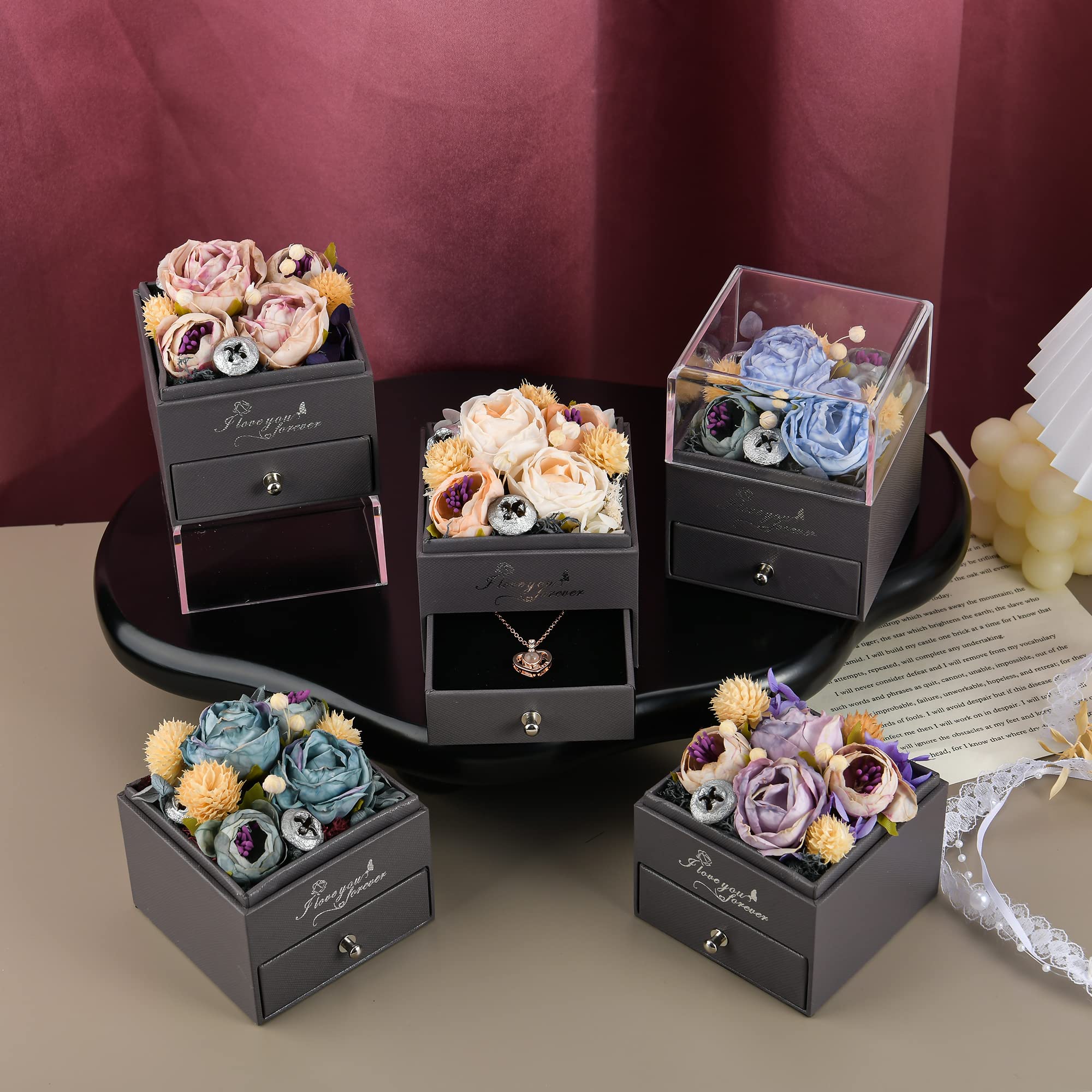 Elegant Jewelry Simulation Flower Box Gift for Women, Mom, Wife, Girlfriend - Perfect for Mother's Day, Valentine's Day, Anniversary, Birthday - Dark Rose Red for Romantic Occasions and Special Celebrations