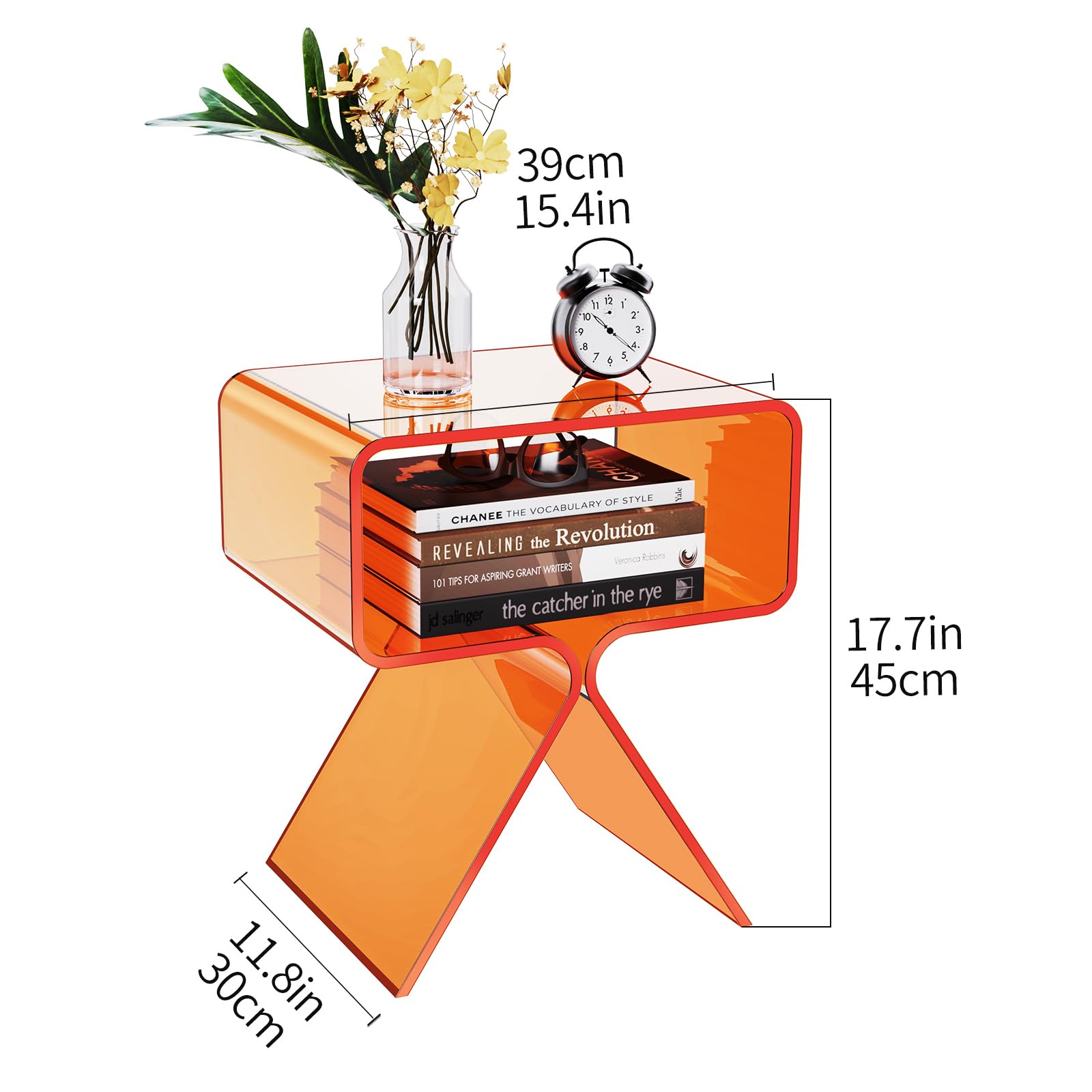 Modern Clear Acrylic Nightstand Side Table - Stylish End Table for Living Room, Bedroom & Office - Orange Home Decor Display for Contemporary Spaces