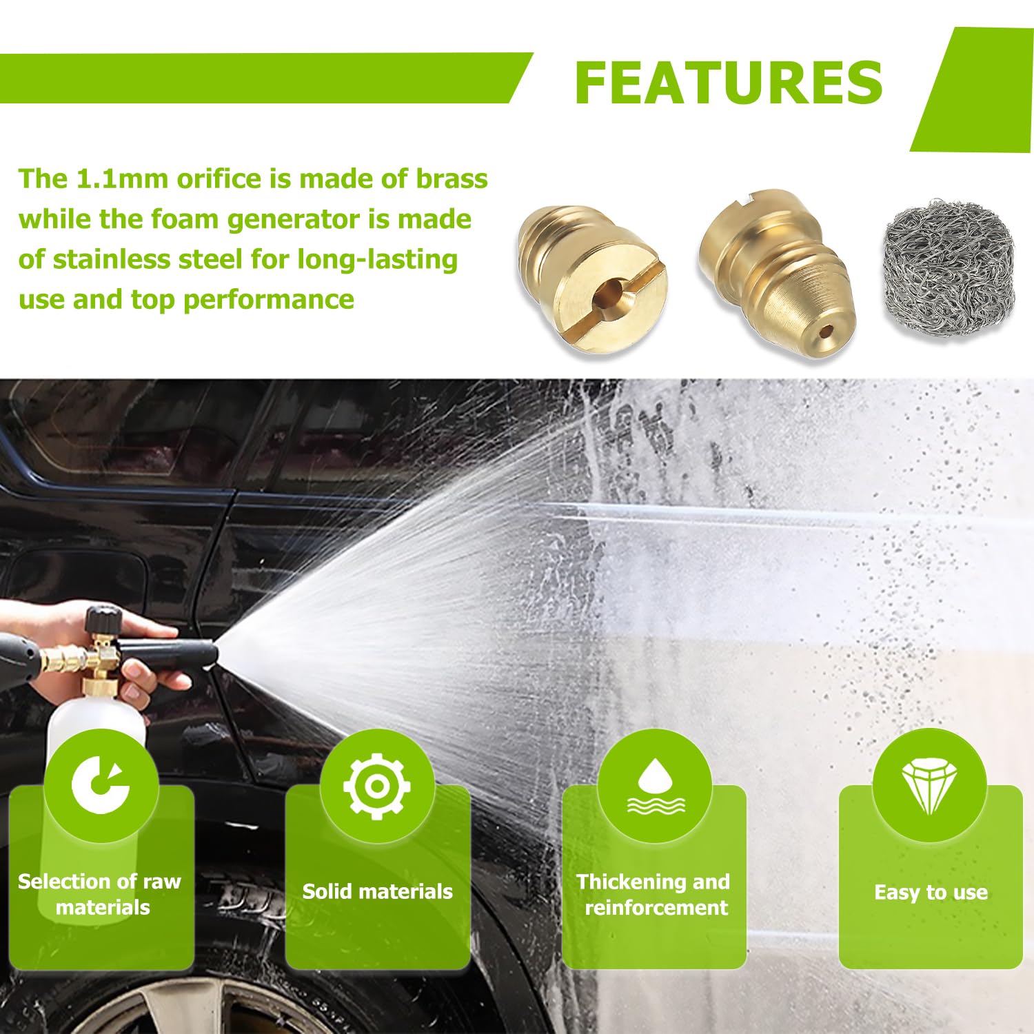 1.1mm Foam Cannon Orifice Nozzle & Foam Maker Kit - Compatible with Snow Foam Lance & Thread Nozzle Tips (2Pcs Nozzles + 2Pcs Foam Makers) for Car Washing, Detailing & Pressure Washer Foam Blaster