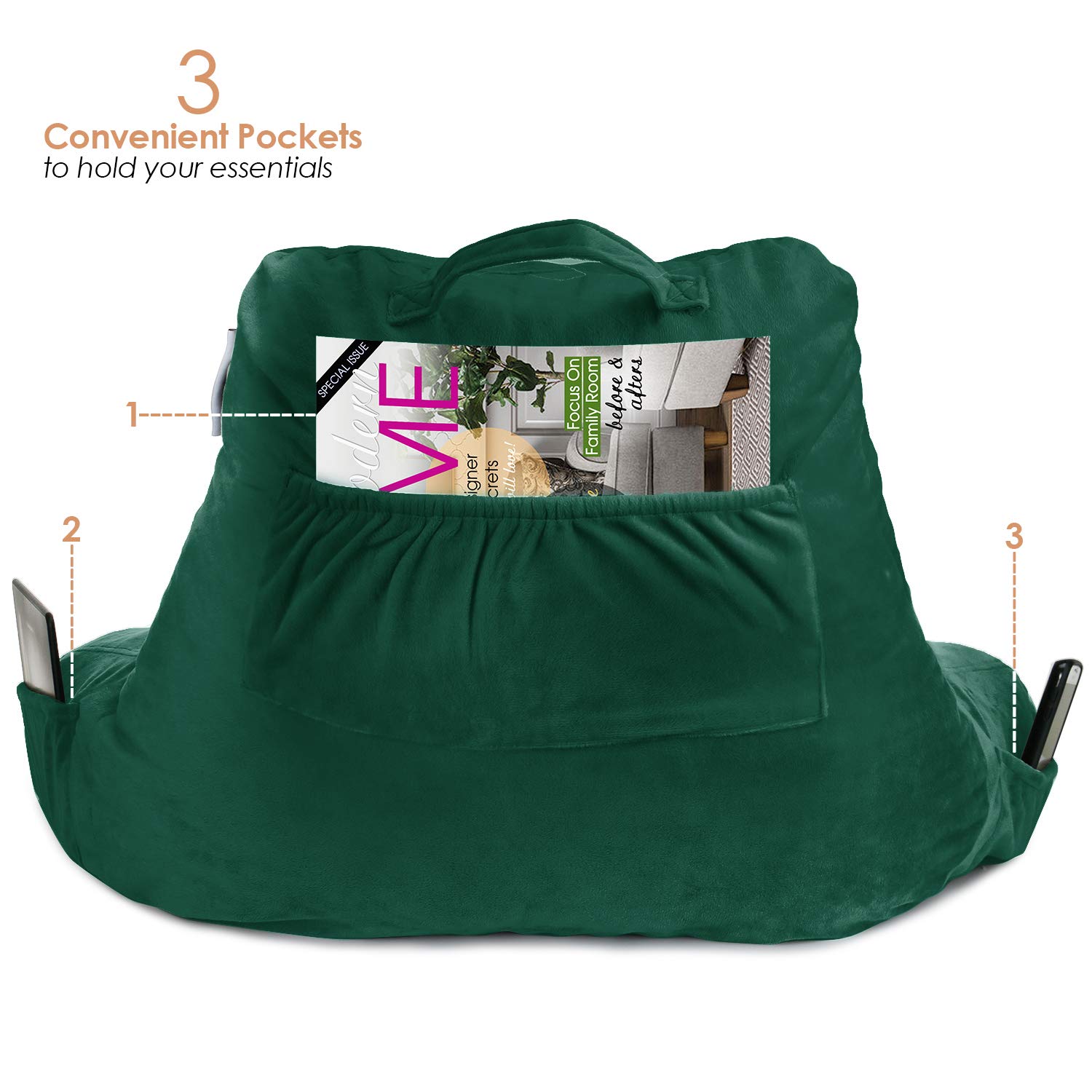 Nestl Reading Pillow with Shredded Memory Foam - Standard Bed Back Support Pillow for Sitting, Reading & Relaxing - Dark Green Armchair Pillow with Pockets (Perfect for Bed, Sofa & Office Use)