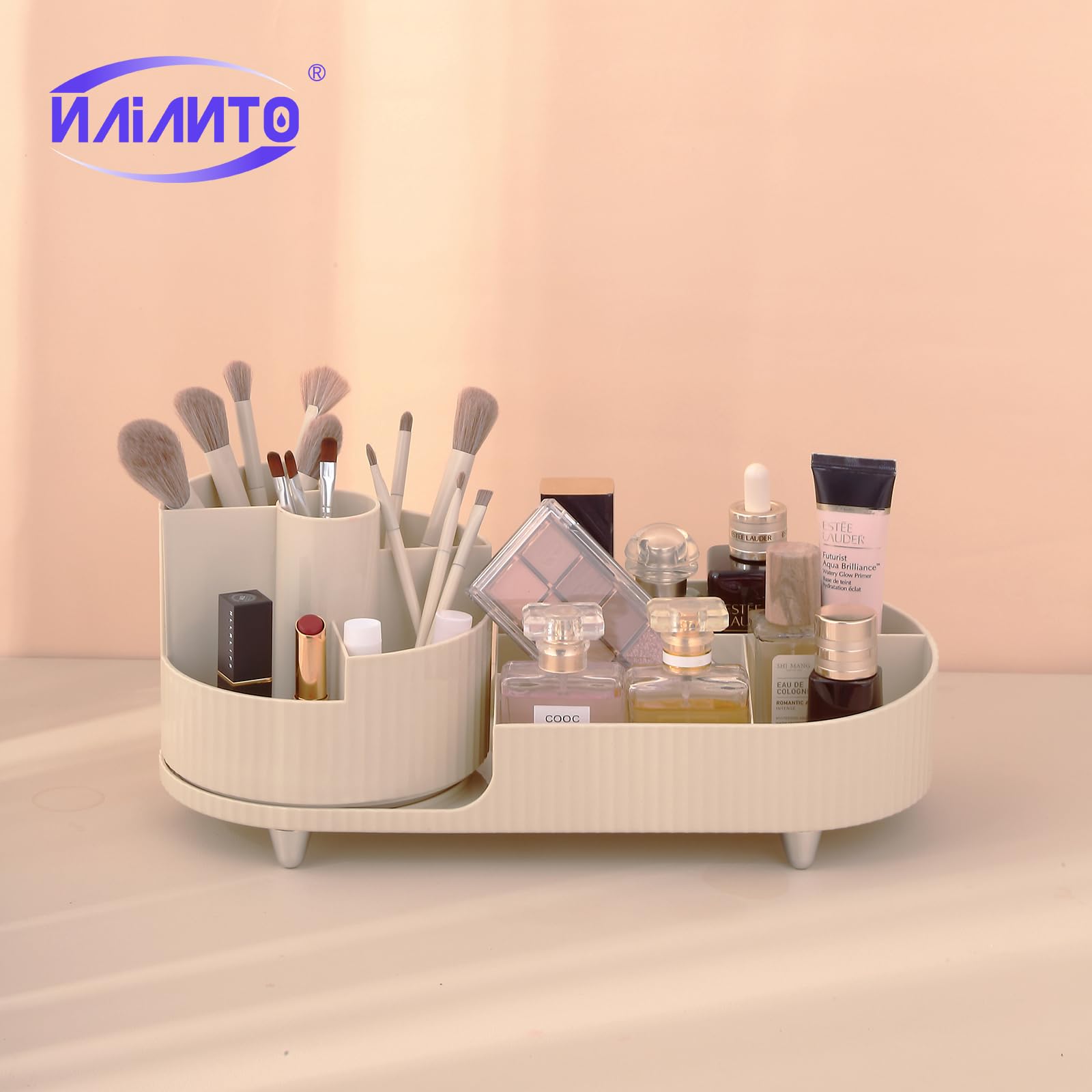 Rotating Makeup Organizer for Vanity - Cosmetic & Skincare Storage - Perfect for Brushes & Lipsticks (Creamy) - Ideal for Beauty Routines