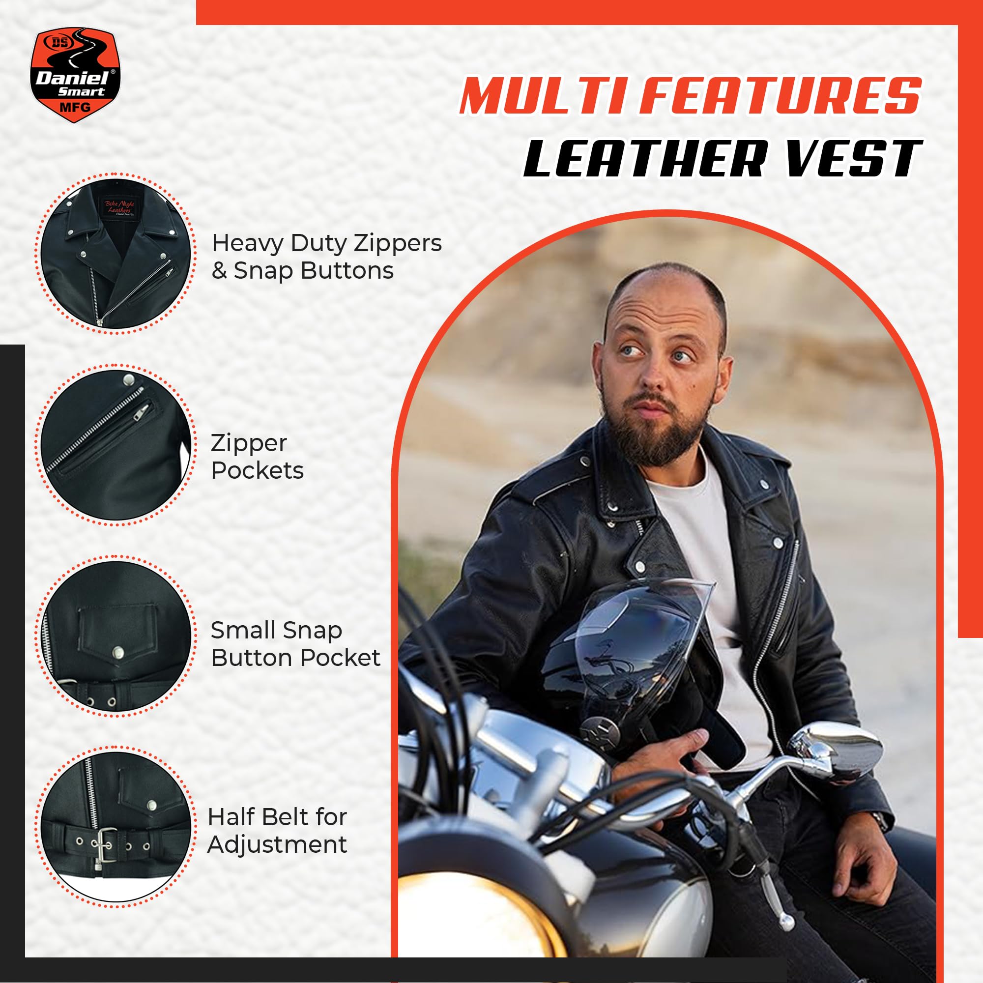 Daniel Smart Men's Motorcycle Leather Jacket - Black Biker Jacket with Conceal Carry Pocket | Durable Genuine Leather for Riding, Outdoor & Casual Wear
