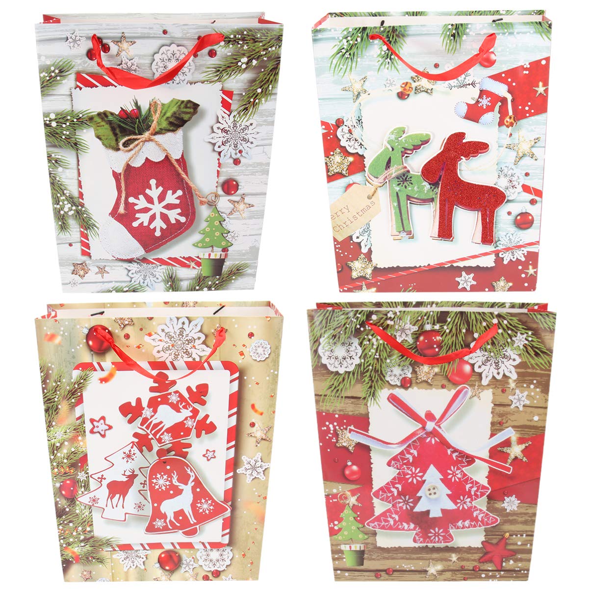 Amosfun 4-Piece Christmas Kraft Paper Gift Bags with Lids - Colorful Holiday Treat Bags for Candy, Chocolate & Gifts - Perfect for Christmas Eve, Party Favors & Festive Gift Wrapping