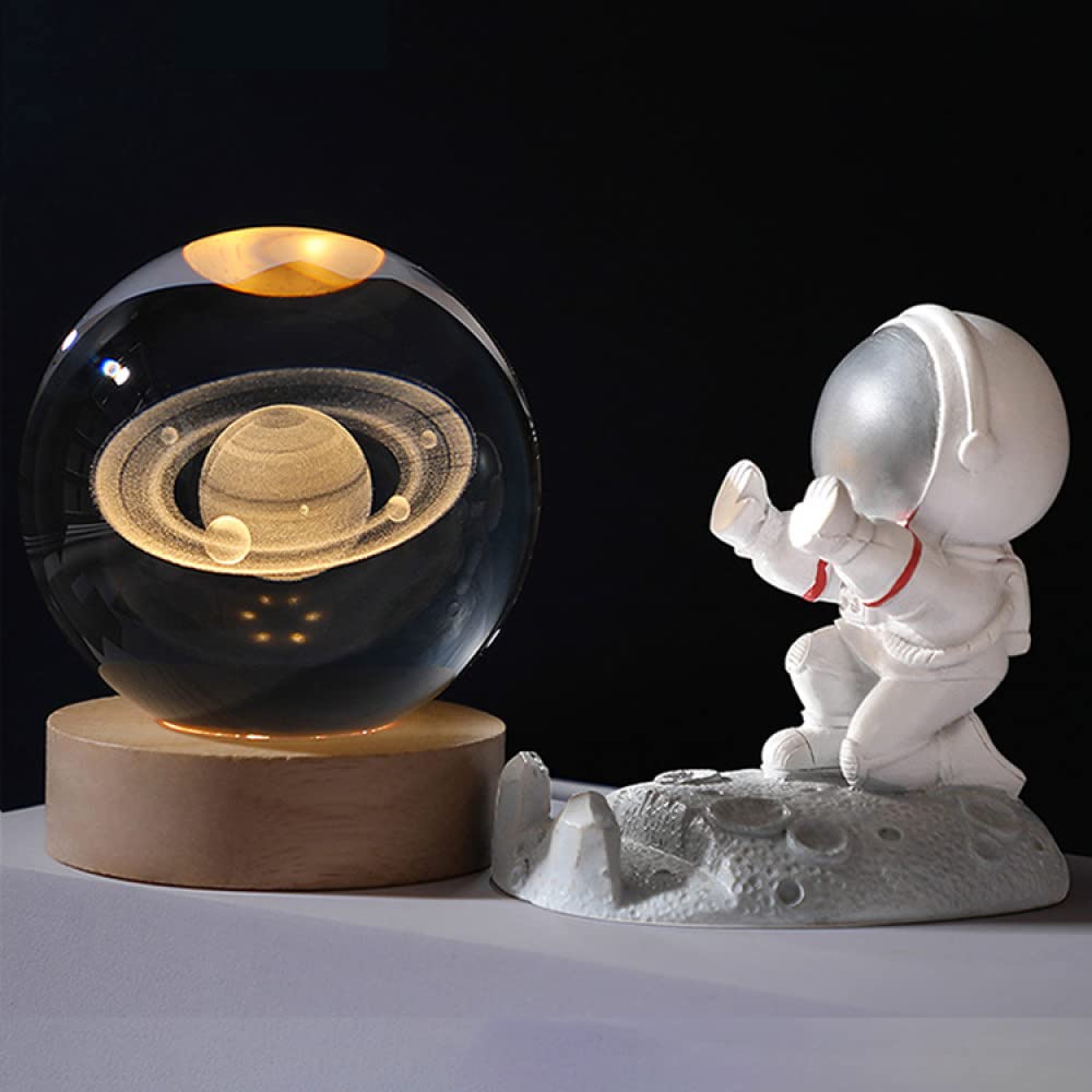3D Engraved Solar System Crystal Ball with LED Light Base - Astronaut Planet Globe for Astronomy Enthusiasts | Touch Switch, 8.8cm | Perfect for Home Decor, Science Gifts & Educational Displays