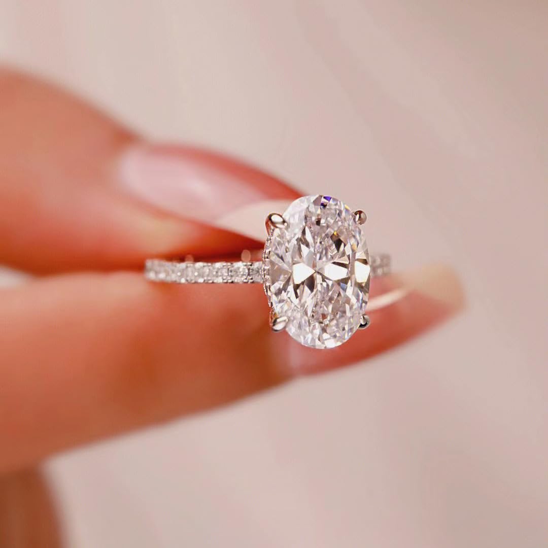 Moissanite Engagement Ring for Women - Oval Solitaire Halo CZ Wedding Band for Bridal Jewelry & Travel