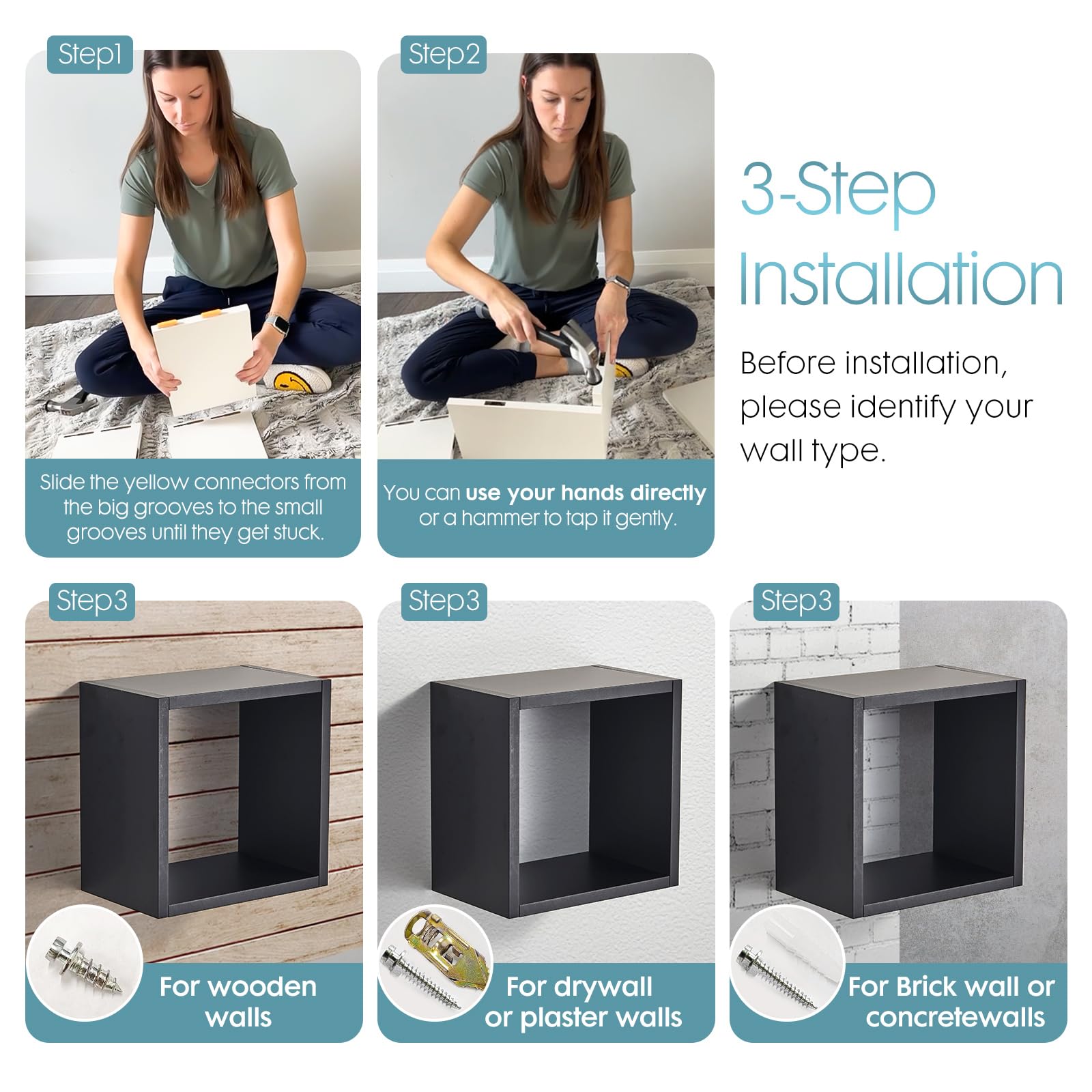 Kaboon 4-Pack Floating Cube Wall Shelves Set - Large Black Wall Mount Shelves for Home & Office Organization - Perfect for Living Room, Bedroom, Kitchen Storage & Display