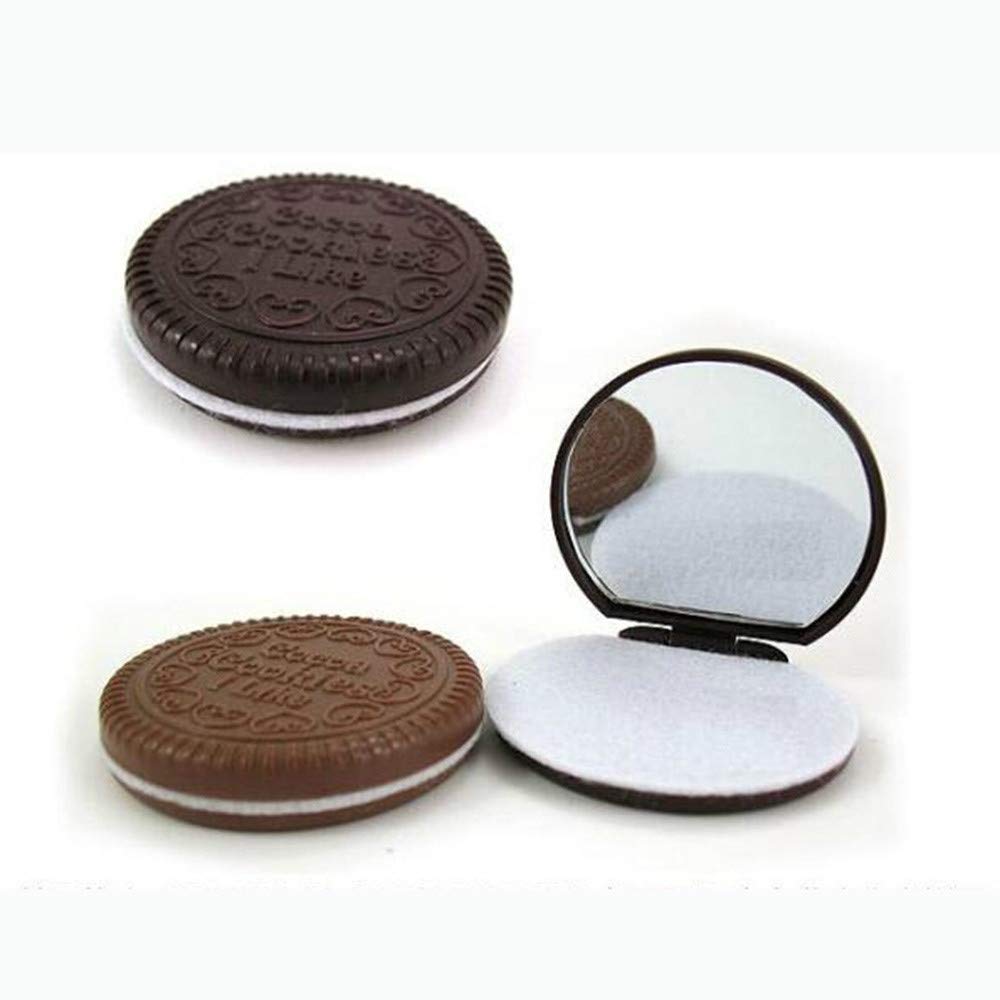 Portable Pocket Makeup Mirror - Mini Dark Brown Chocolate Cookie Shaped Cosmetic Mirror for Travel & Touch-ups | Cute Random Color Options | Perfect for Purse, Gym Bag & On-the-Go Beauty