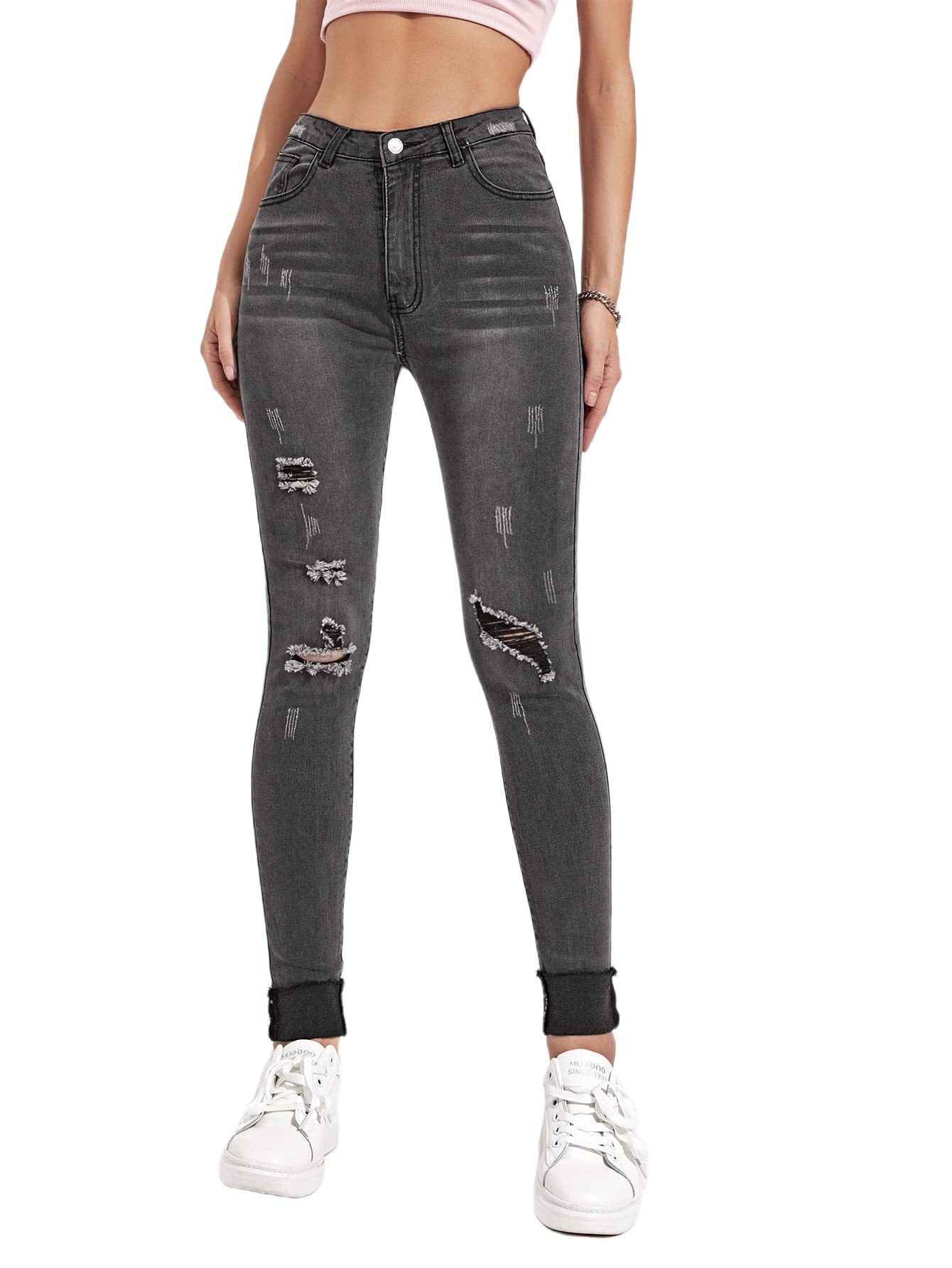 Floerns Women's Skinny Ripped Jeans - Stretch Slim Fit Pencil Denim Pants for Casual Wear & Night Out | High Waist Distressed Jeans for Women