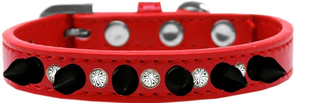 Dog Spike Collar with Clear Crystals & Black Spikes - Red 16