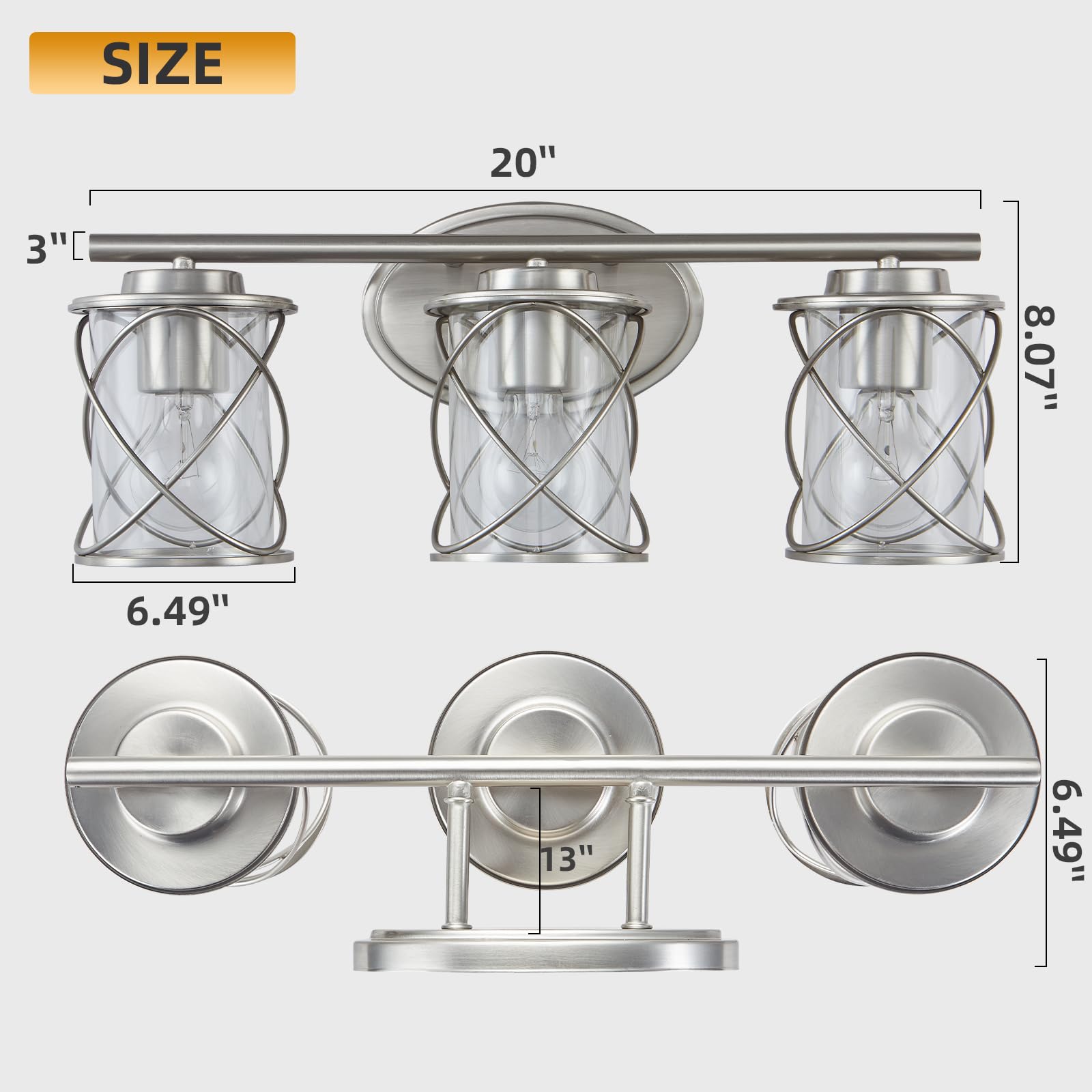 3-Lights Bathroom Vanity Lighting Fixtures - Brushed Nickel Farmhouse Wall Sconce with Clear Glass Shade - Perfect for Mirror Lighting in Bathroom, Kitchen, Bedroom and Dressing Room
