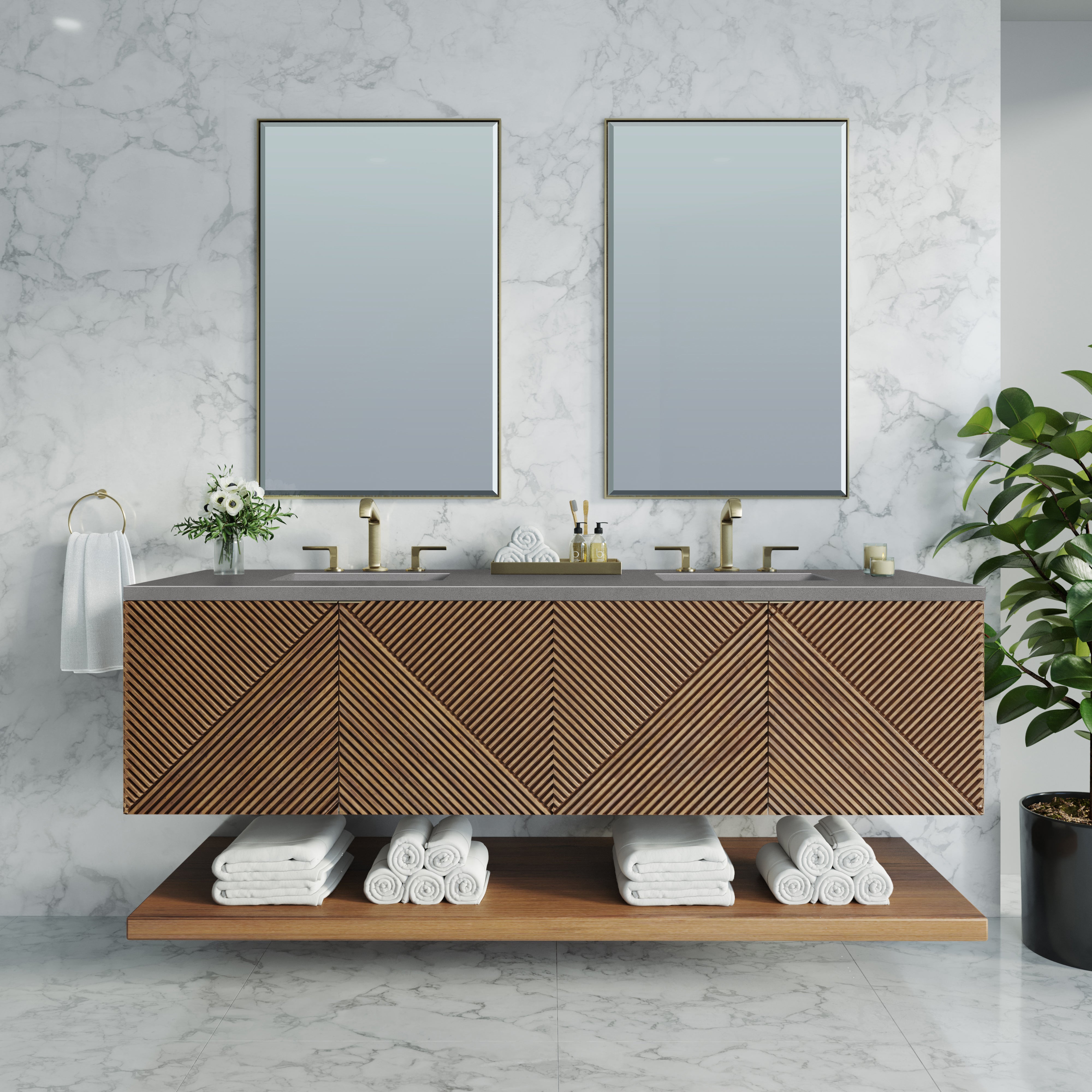 Marcello 72 Inch Double Bathroom Vanity with Sink - Chestnut Finish & 3CM Grey Expo Top for Modern Master Bathroom or Guest Bath Remodel