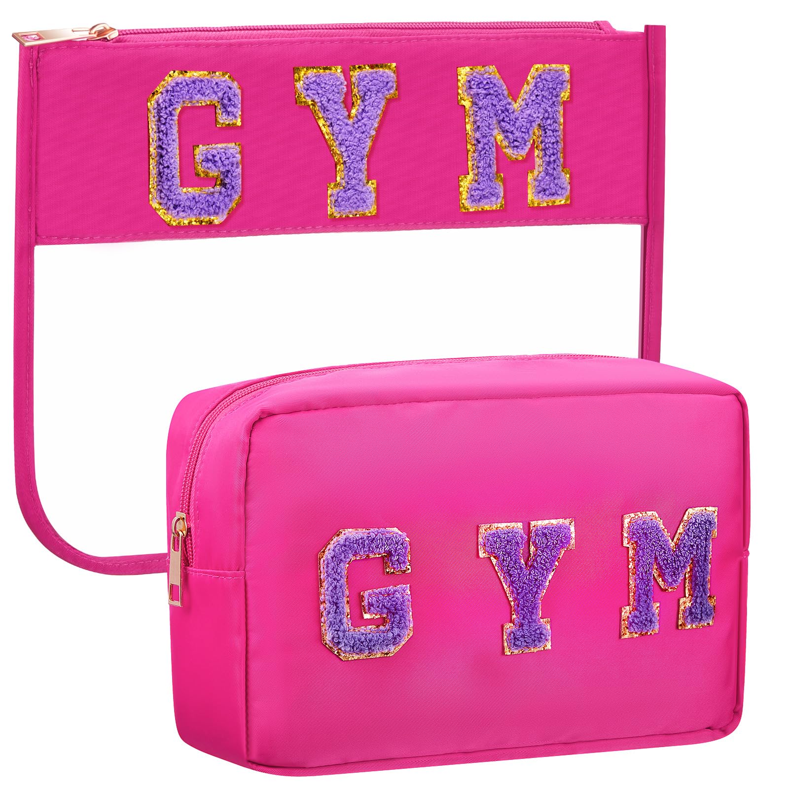 2-Pack Pink Preppy Gym Letter Cosmetic Bags with Clear Zipper Pouch - Cute Gymnastics Gifts for Women, Travel Makeup Organizer - Perfect for Gymnast Party Favors, Dance Competitions & Sports Team Gifts