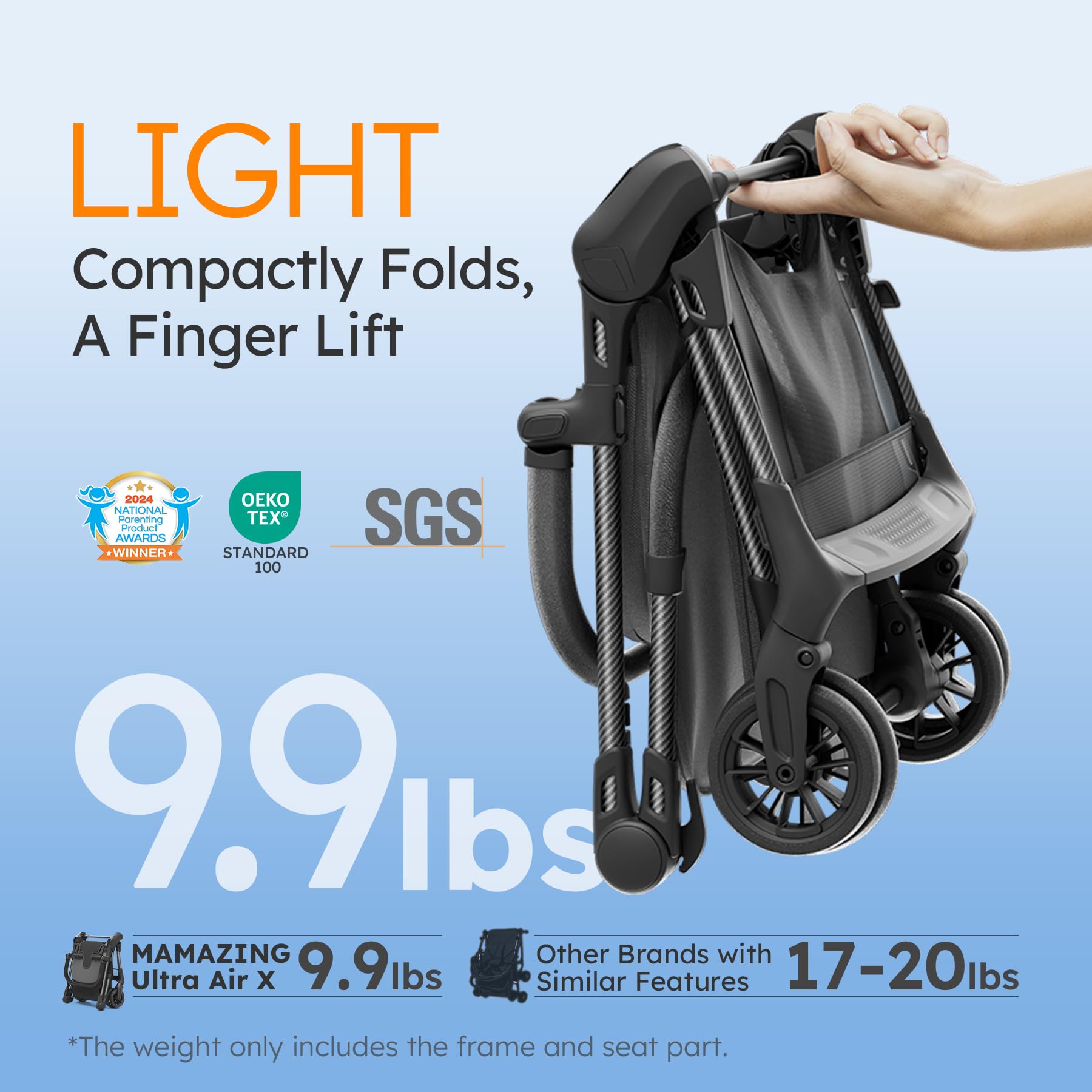 Ultra-Lightweight Baby Stroller for Air Travel - Compact Travel Stroller for Toddlers with Carbon Fiber Frame, UPF 50+ Sun Protection & Waterproof Fabric - Only 9.9 lbs Portable Stroller (Black) - Perfect for Airplane Travel, City Walks, and Family Outings