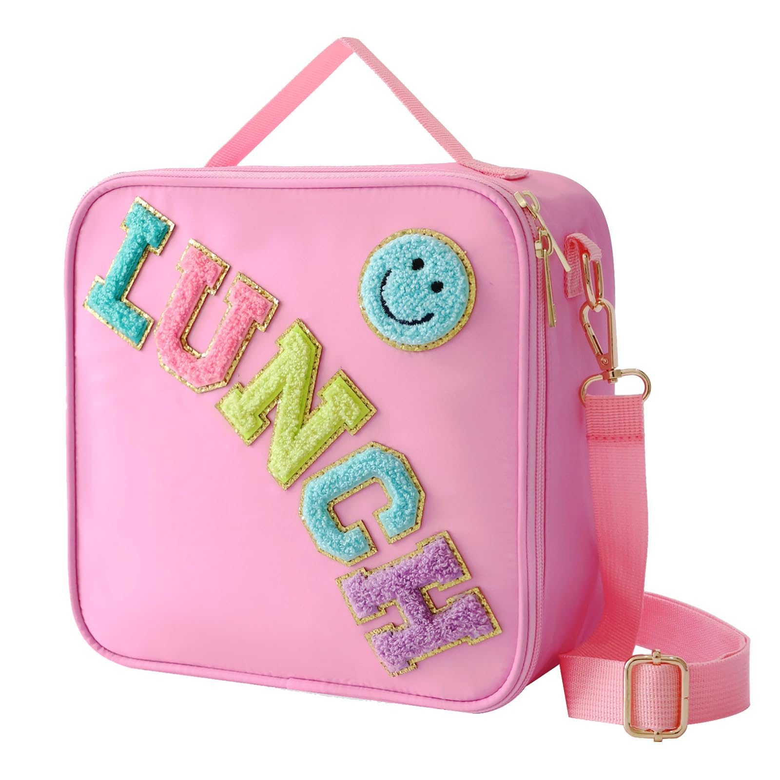 **Insulated Lunch Bag for Women & Girls - Large Reusable Nylon Lunch Box with Adjustable Shoulder Strap, Preppy Smiley Design - Perfect for School, Work, Travel & Picnic (Pink)**    *(Use Cases: Ideal for keeping meals fresh at school, office commutes, road trips, beach outings, and outdoor picnics.)*