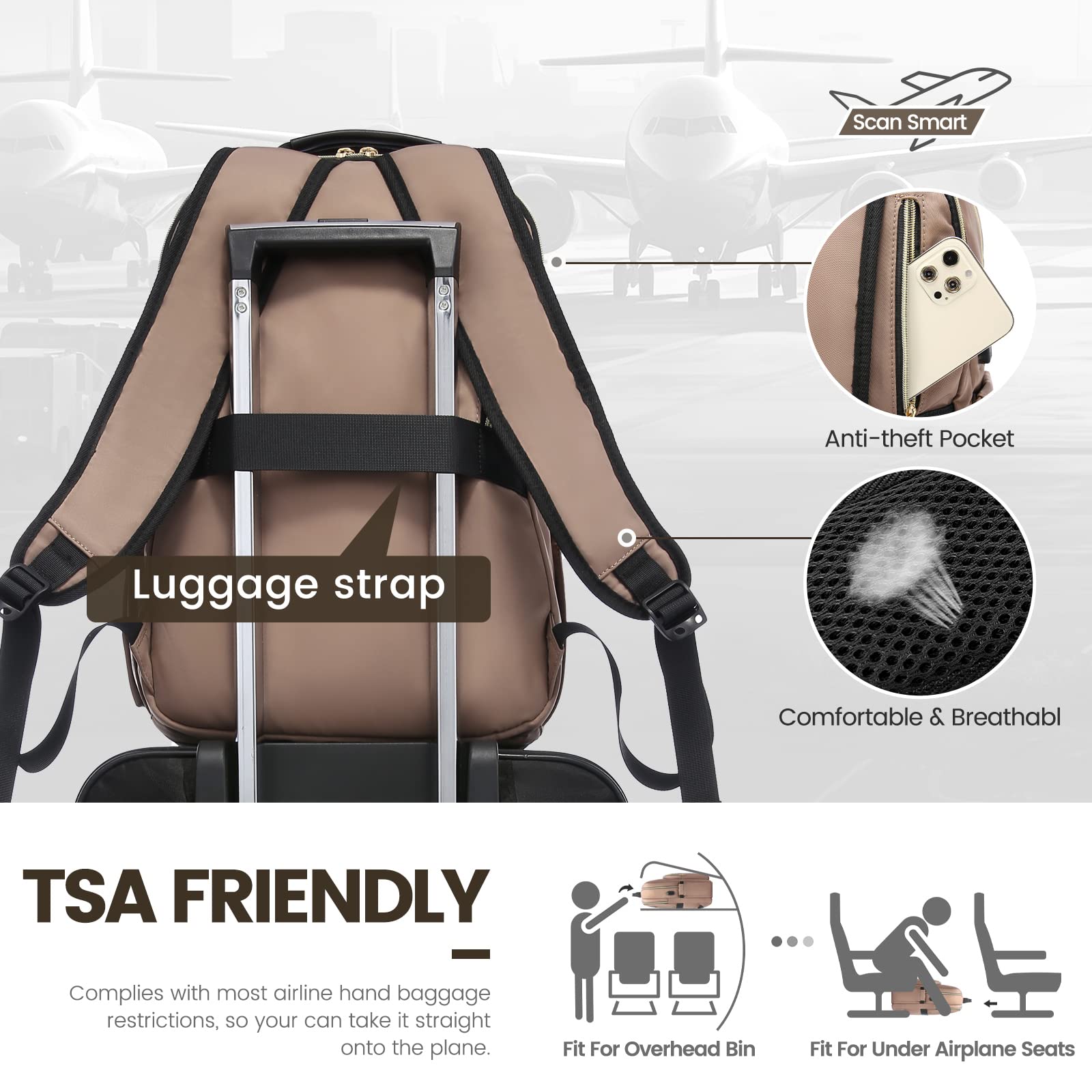 LOVEVOOK Women's 15.6 Inch Laptop Backpack - Stylish Waterproof Travel Purse & Professional Work Bag with USB Port, Ideal for Business, College, Teaching & Daily Commute, Brown