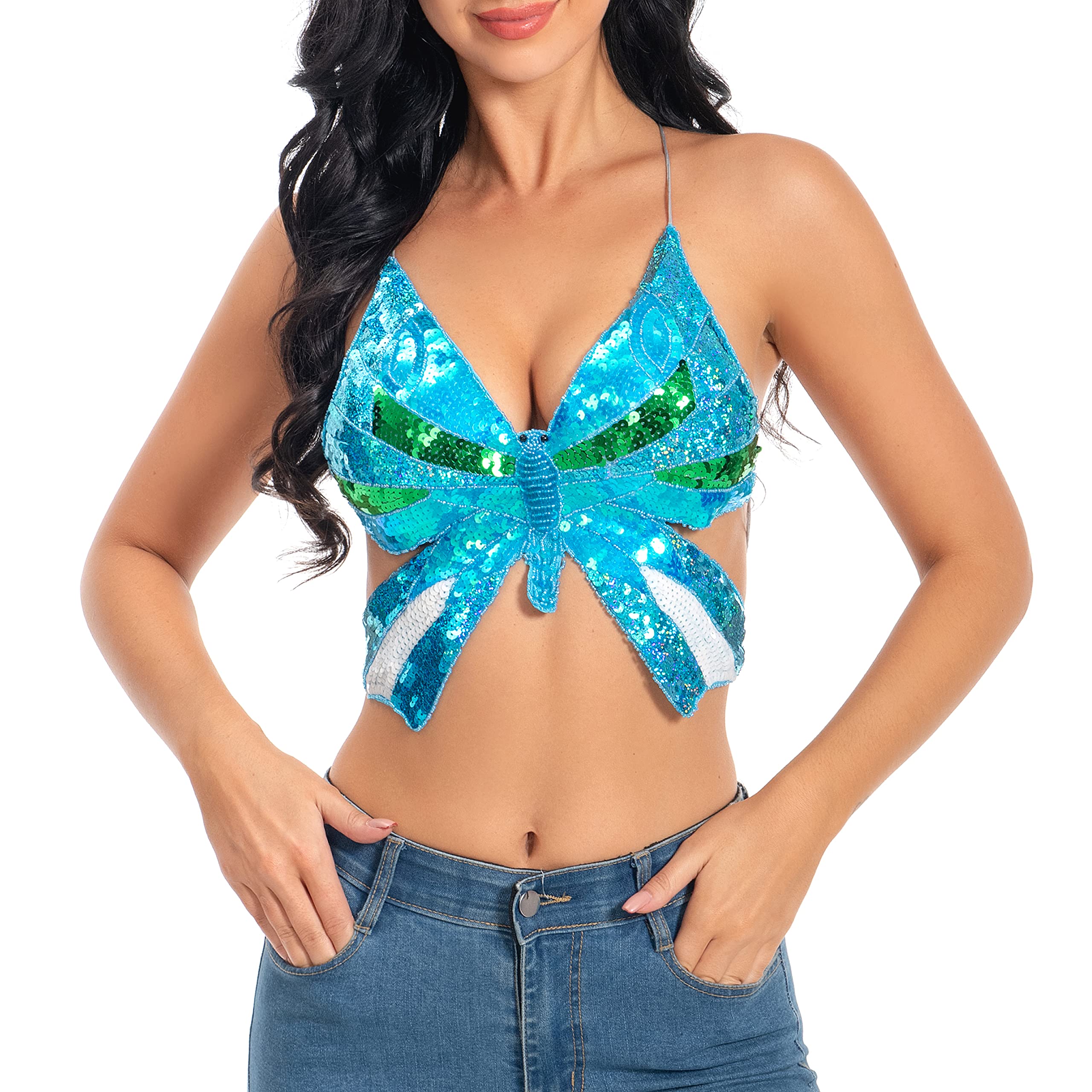 Wuchieal Women's Belly Dance Top - Brilliant Butterfly Bra, Colorful Butterfly Design, Perfect for Belly Dance, Yoga, and Performance Costumes
