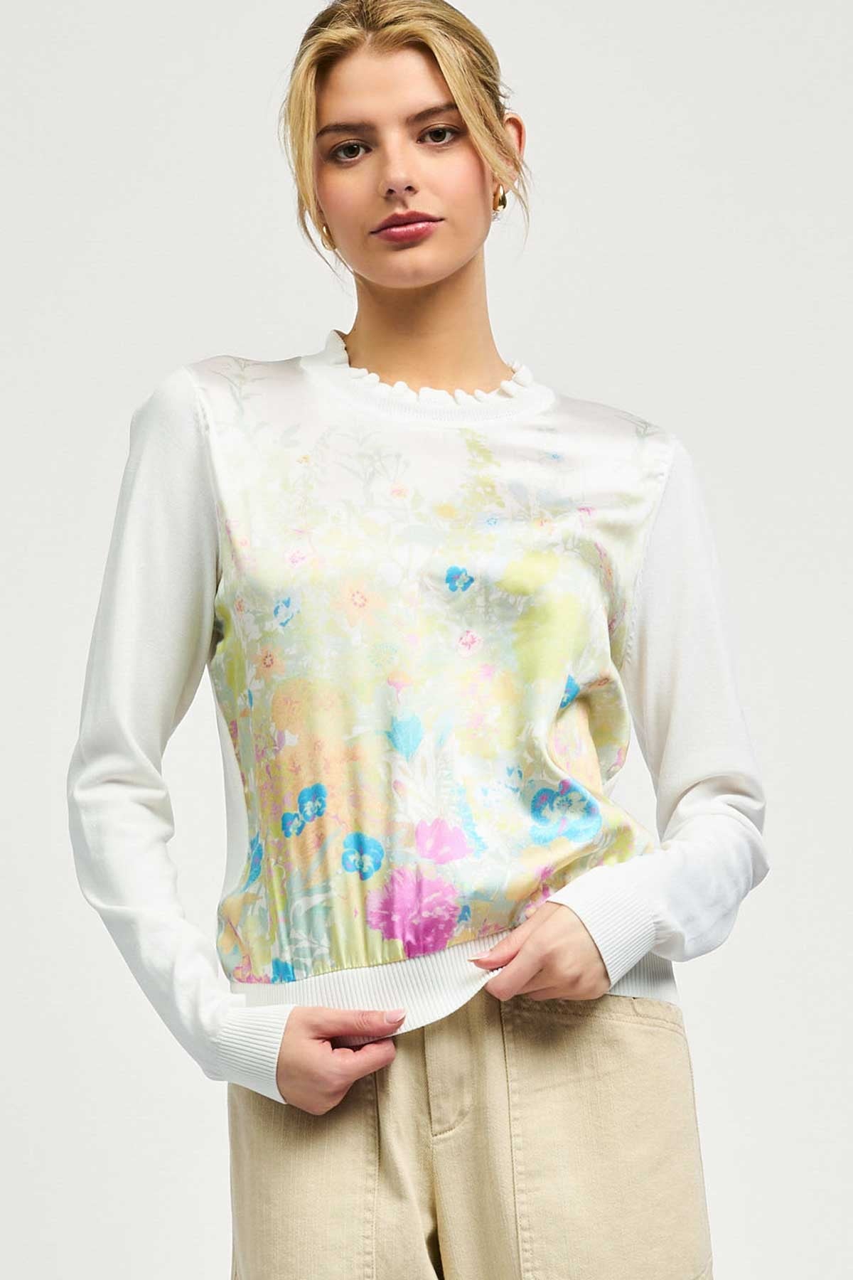 Floral Satin Front Knit Top for Women - Elegant Blouse for Casual Wear, Office & Date Night Outfits