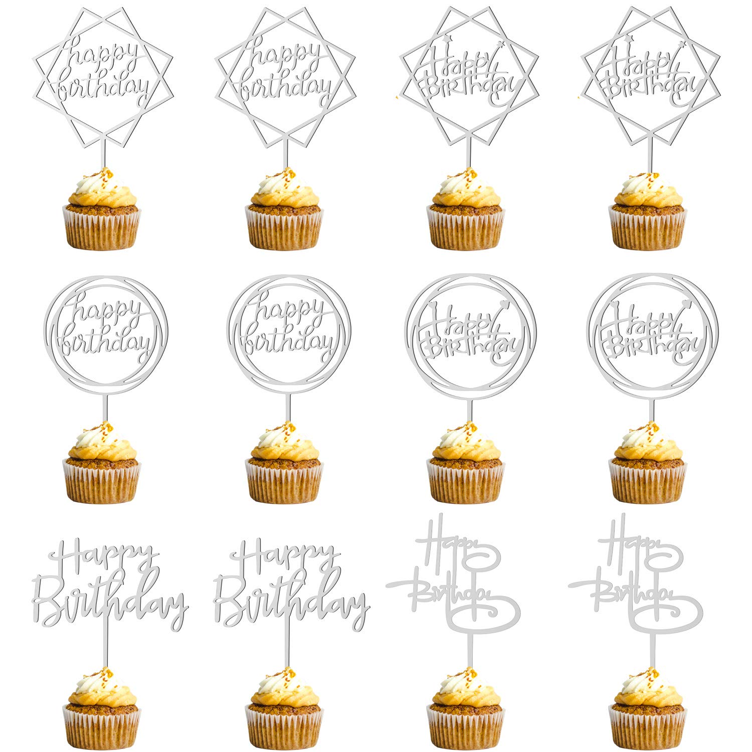 12 Pack Happy Birthday Cake Toppers - Acrylic Cupcake Toppers for Cake Decorations, Birthday Party Supplies (Silver) | Perfect for Birthday Cakes, Cupcakes, Baby Showers & Wedding Celebrations